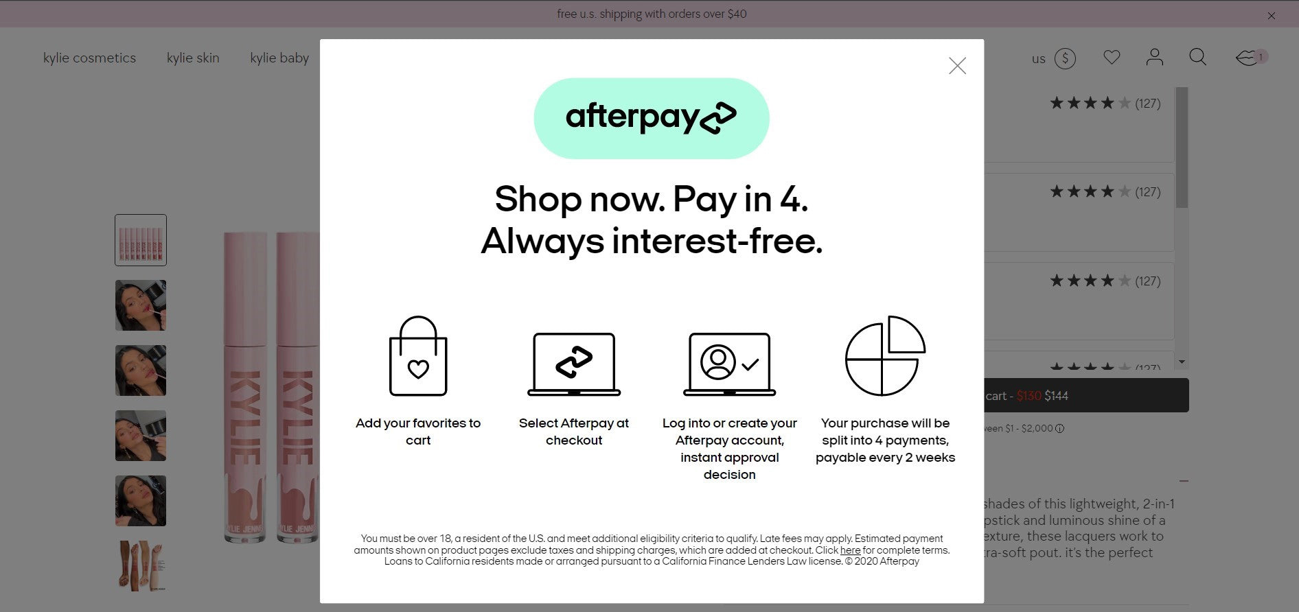 Product page of Kylie Cosmetics with Afterpay payment option