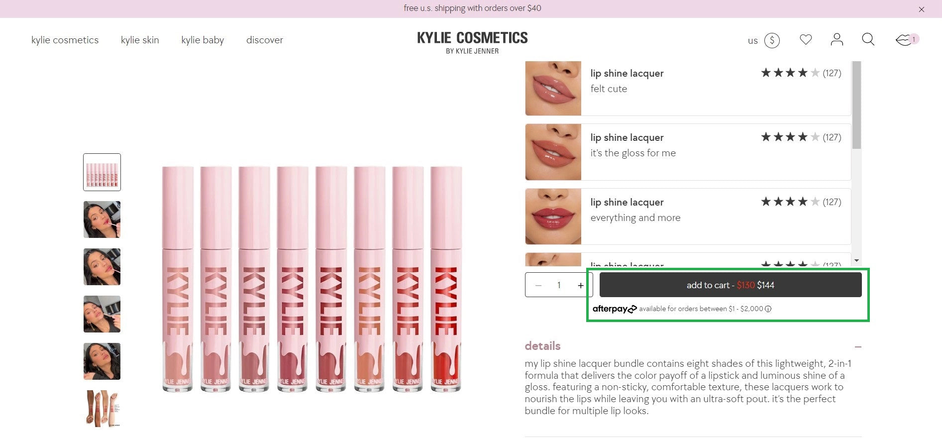 Product page of Kylie Cosmetics