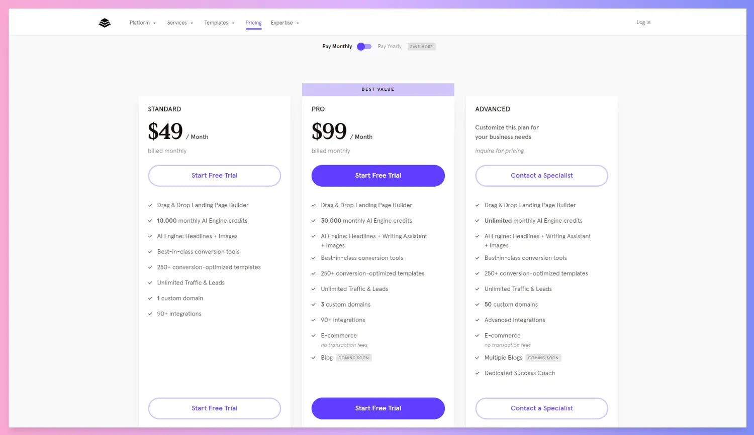 Leadpages’ pricing plans