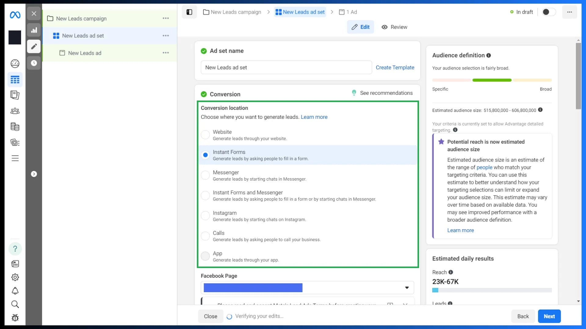 Leads campaign configuration in Meta Ads Manager