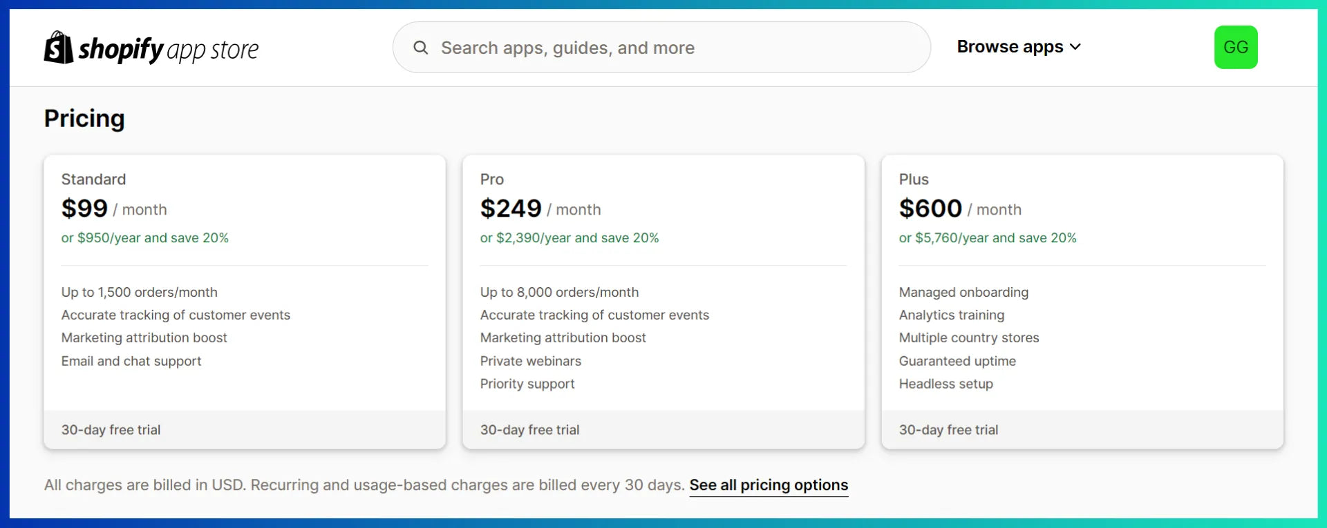 Pricing plans of Littledata in the Shopify App Store