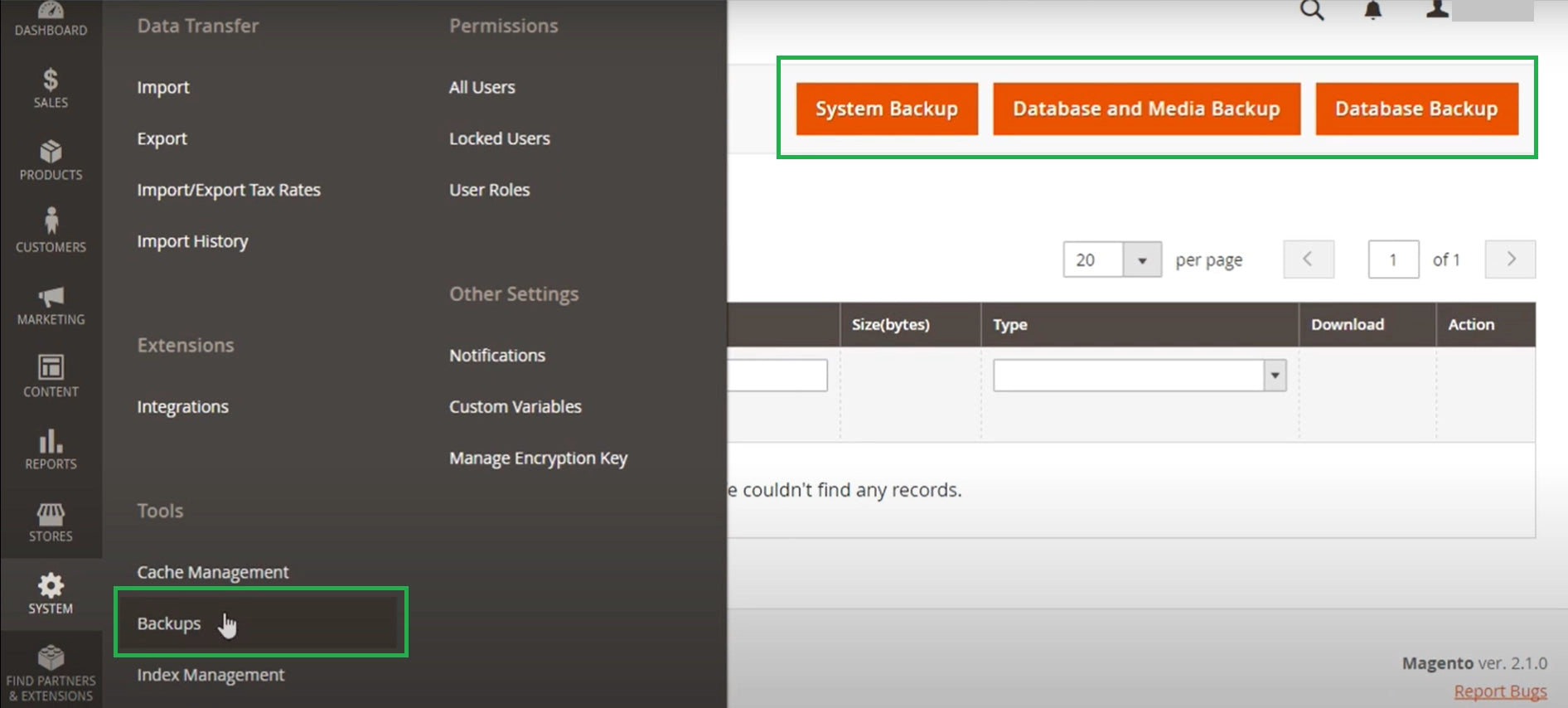 Magento admin’s system with the option for backups