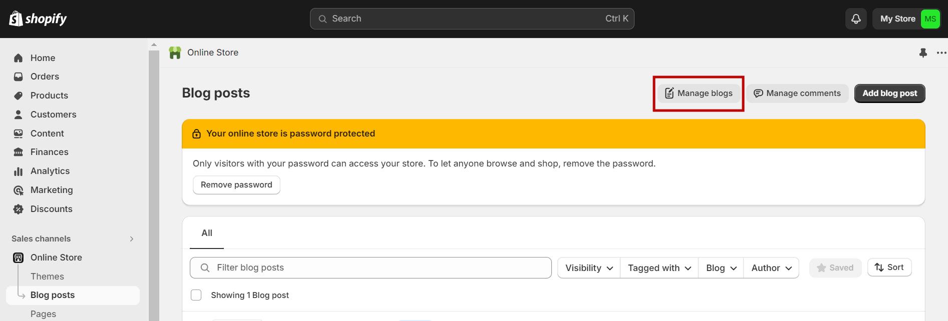 The manage blogs on the Shopify dashboard
