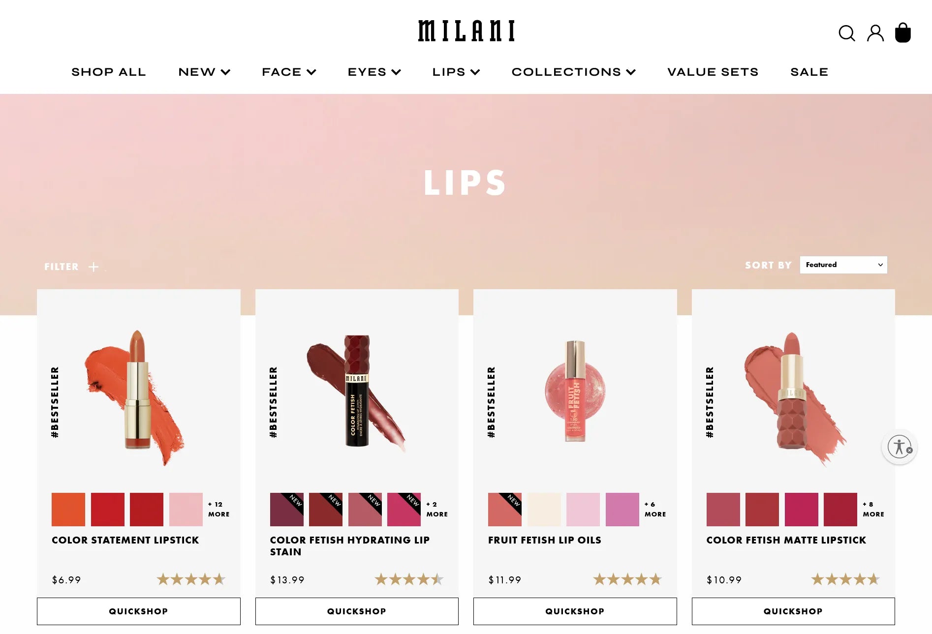 Screenshot of Milani Cosmetics’ website.