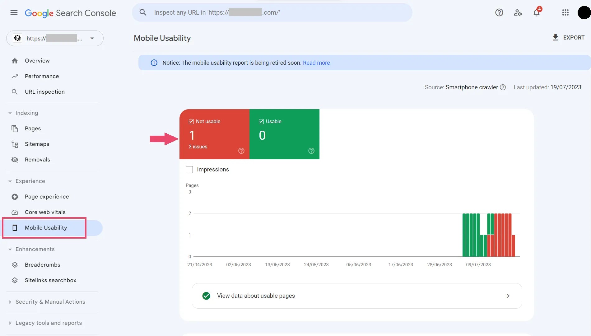 Google Search Console - Mobile Usability report