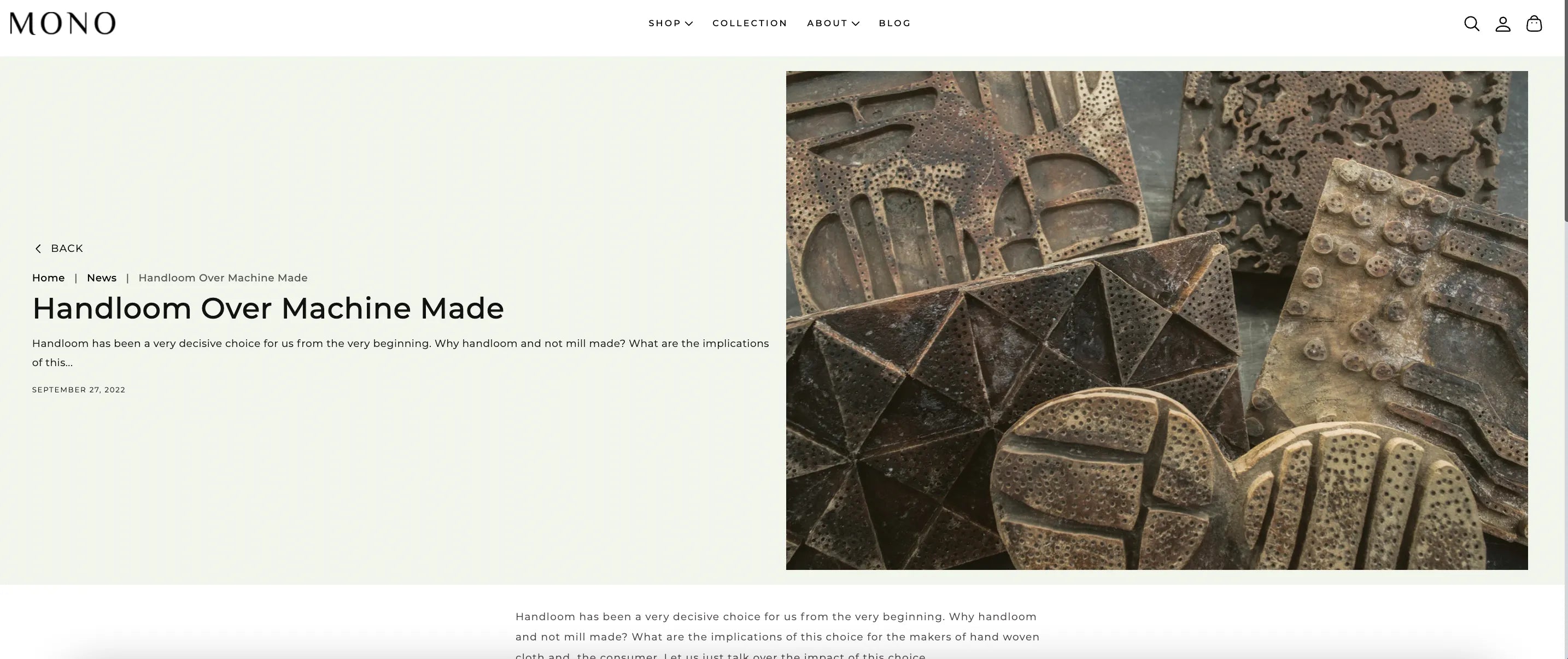 A screenshot of the blog detail page of Mono a Shopify blog theme.