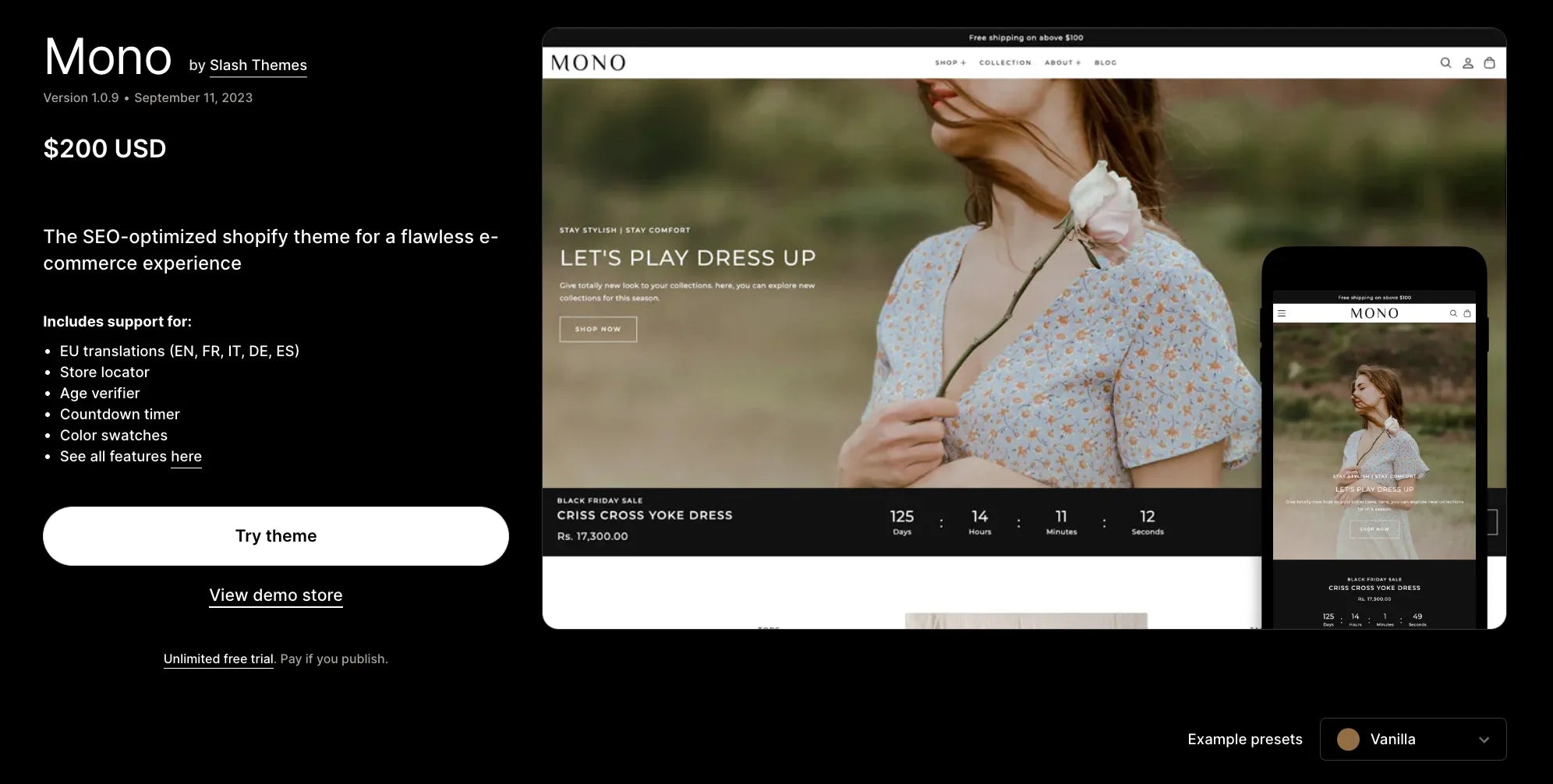 A screenshot of Mono a Shopify blog theme.