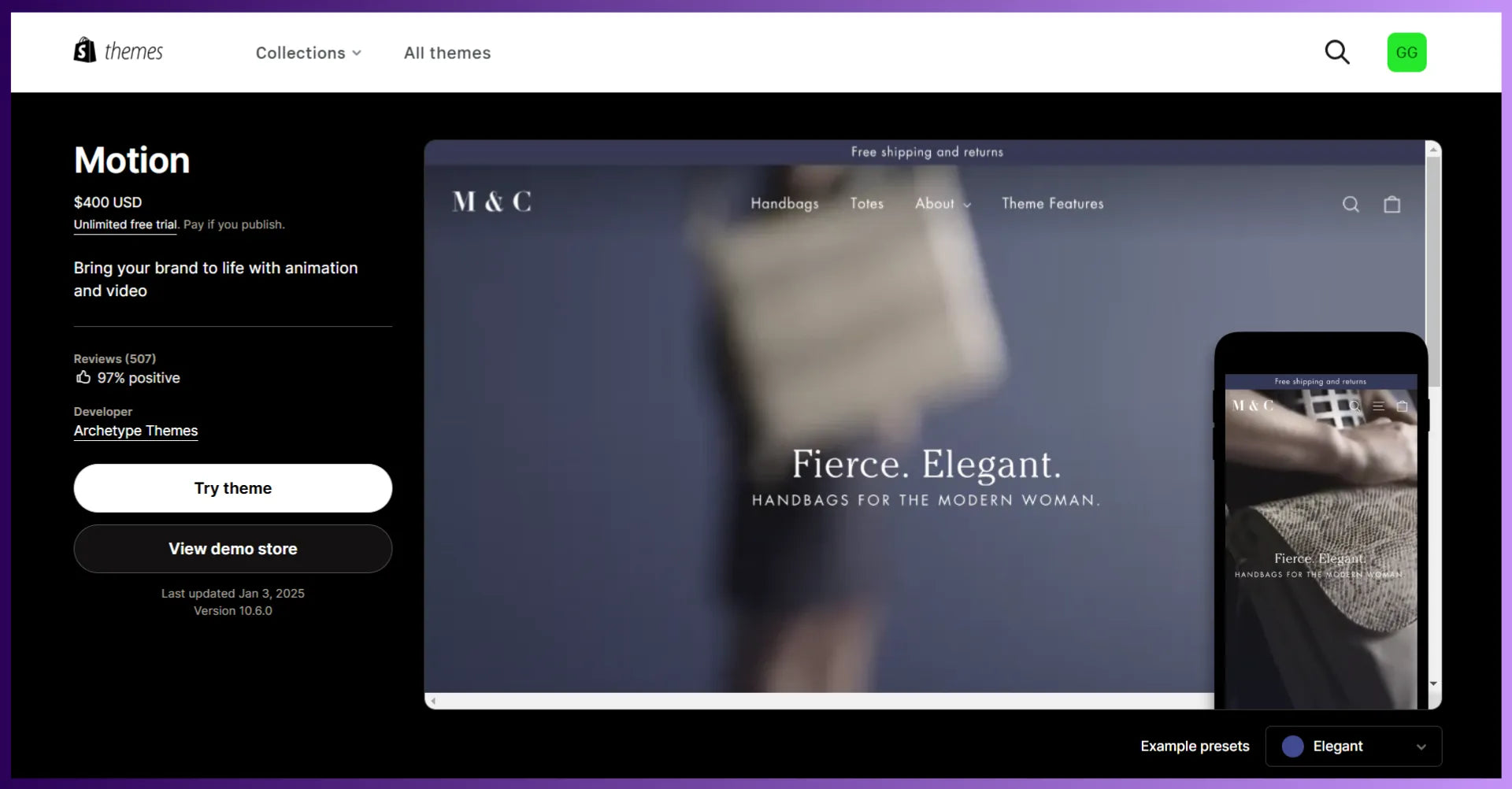 Motion theme in the Shopify Theme Store