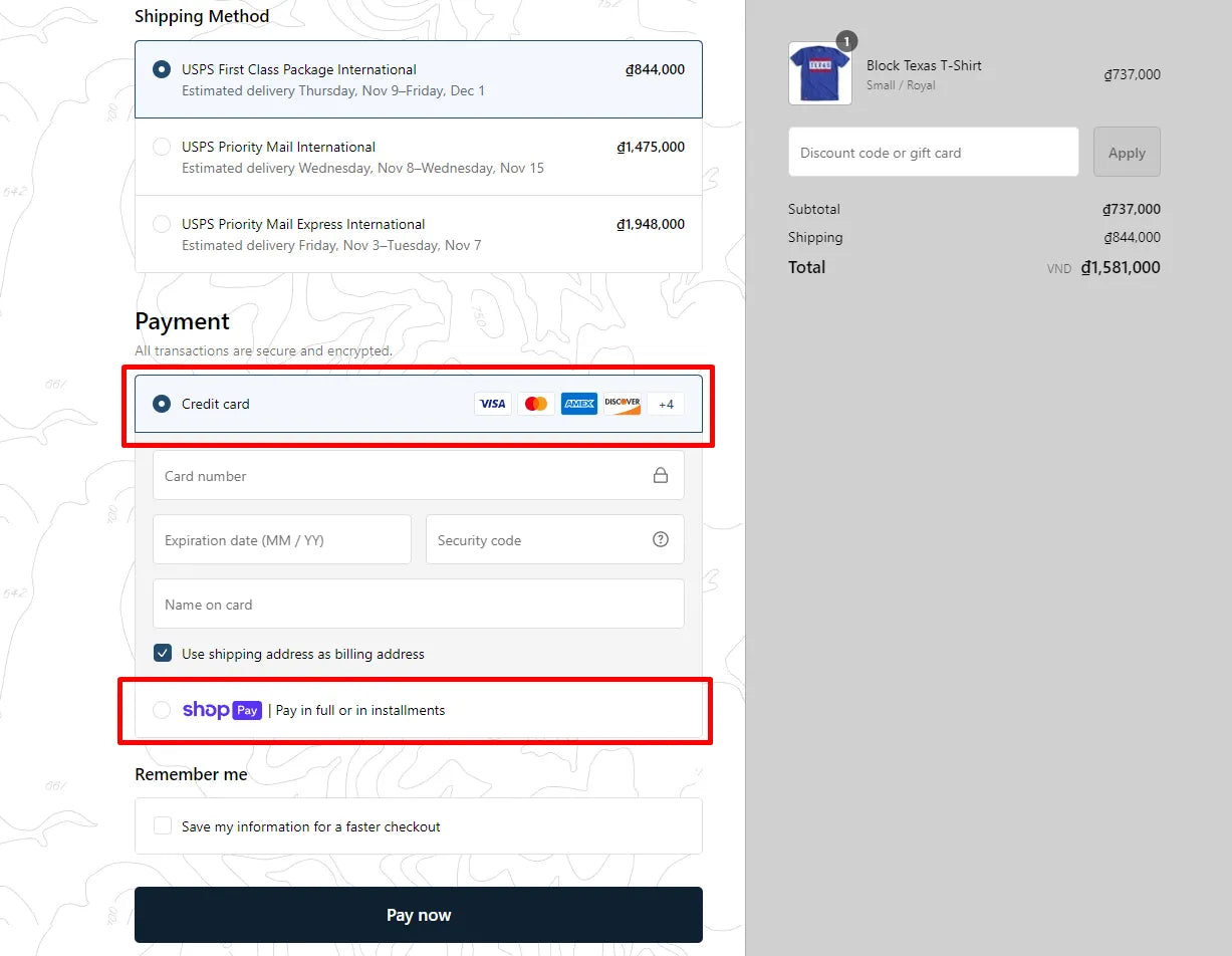 Screenshot of Tumbleweed TexStyles multiple payment options