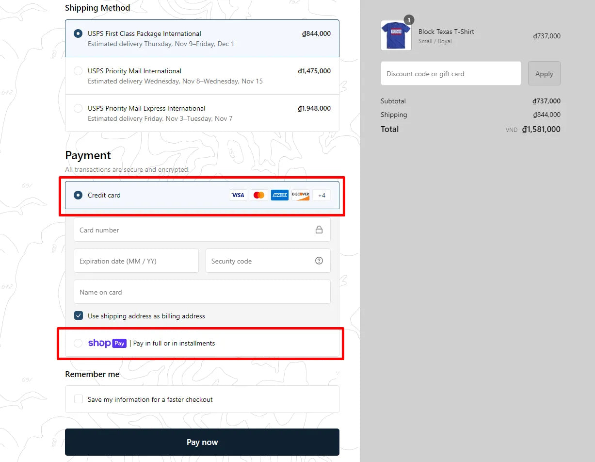 Capture d'écran des options de paiement multiples de Tumbleweed TexStyles.