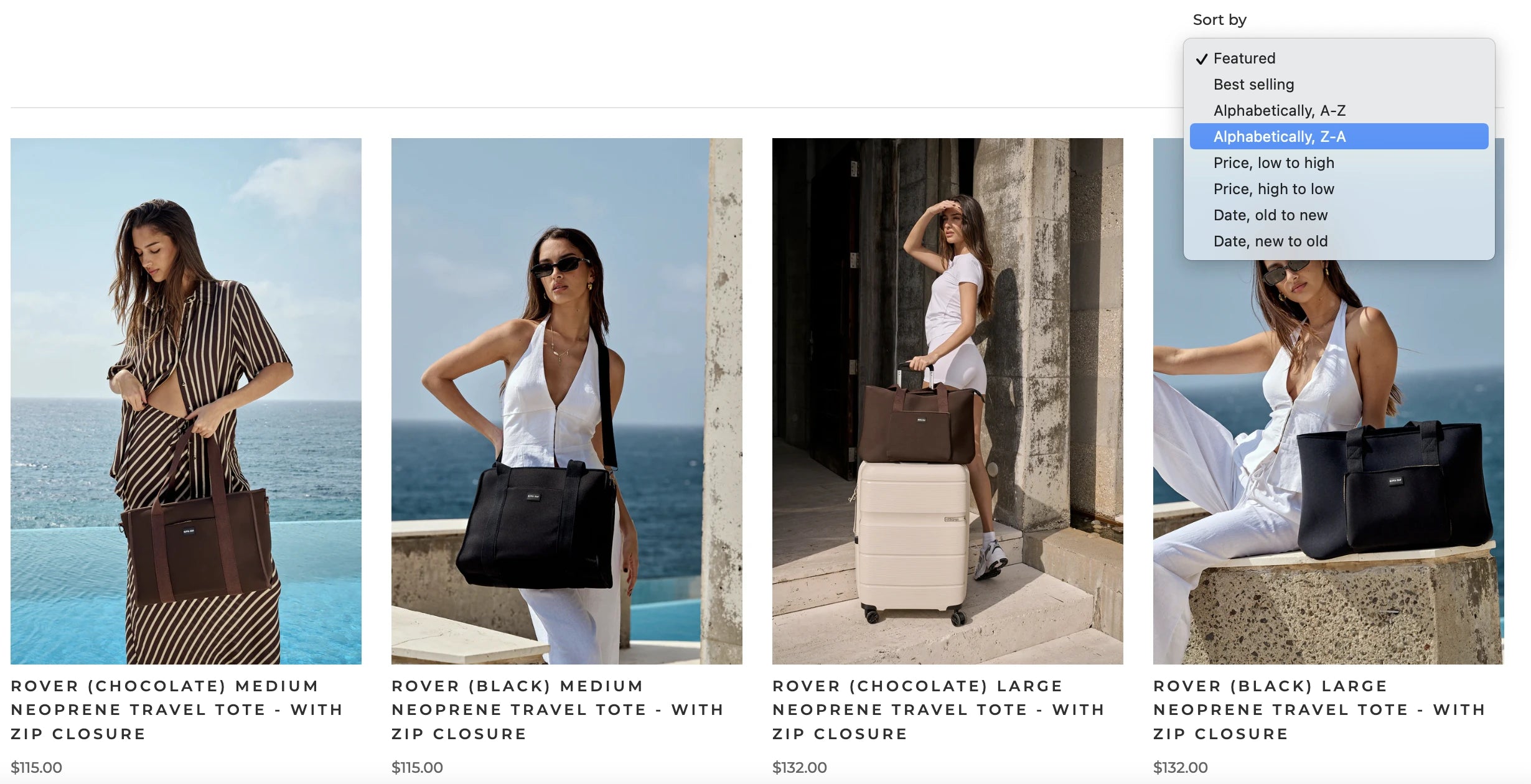 Neoprene Bags’ product collection landing page