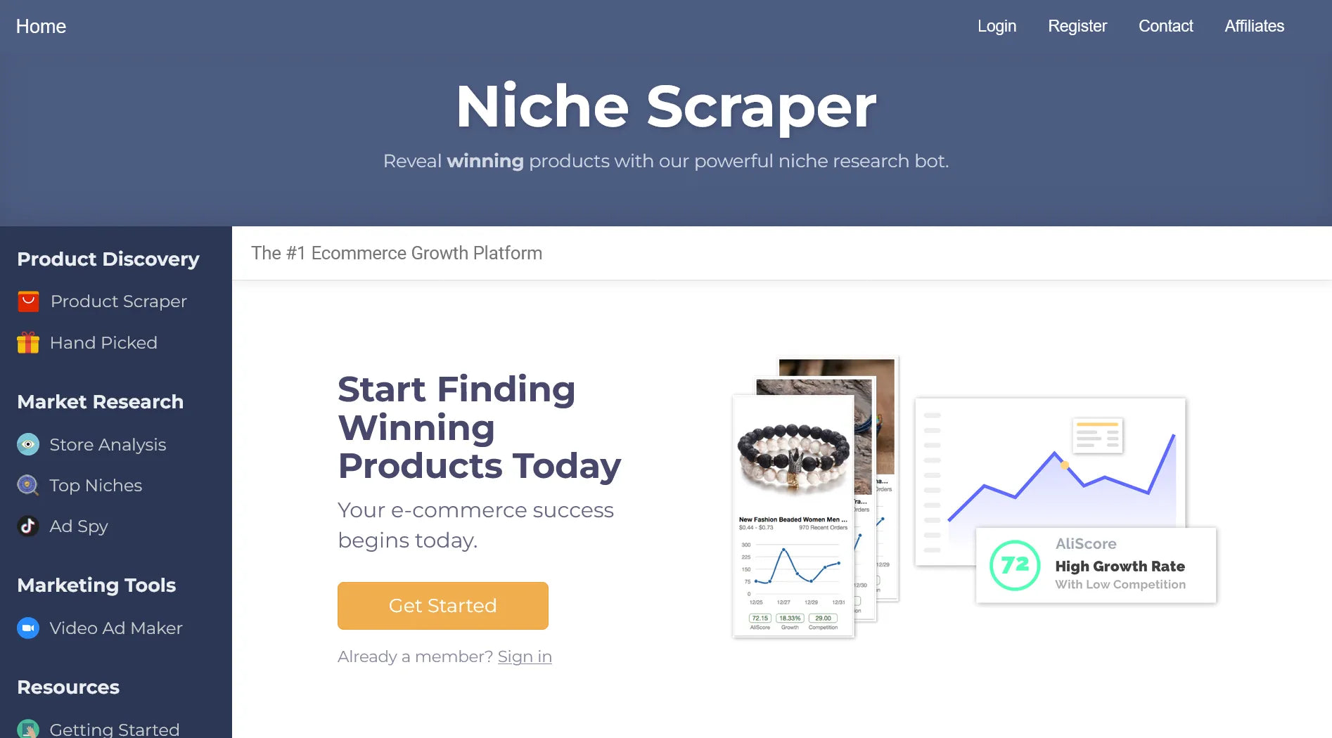 Captura de pantalla del sitio web de Niche Scraper.