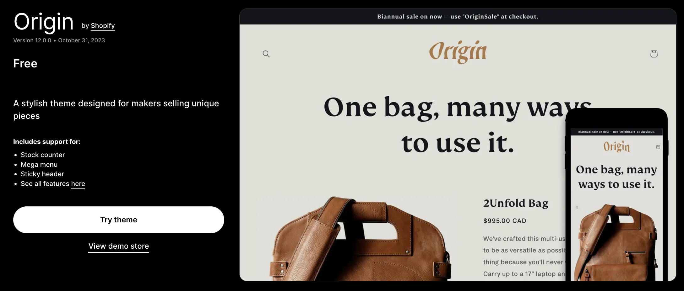Una captura de pantalla de Origin, un tema de blog gratuito de Shopify.