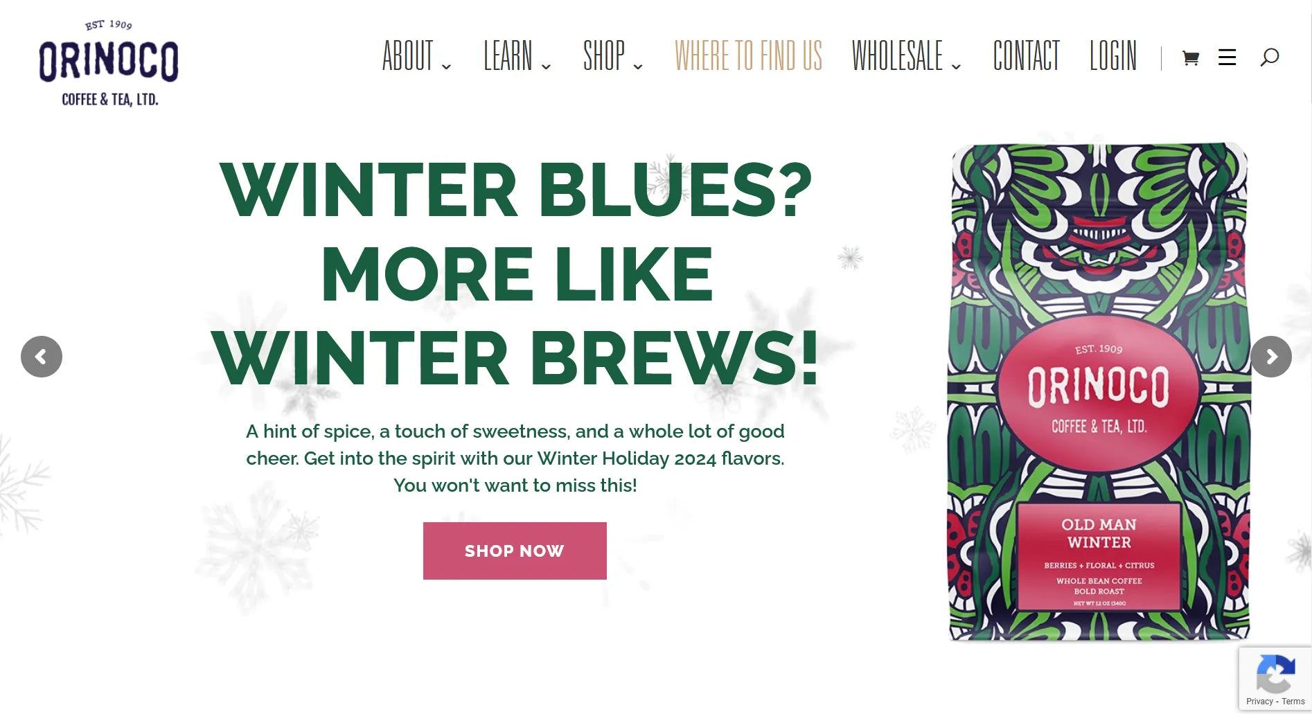 Screenshot of Orinoco Coffee & Tea’s website.