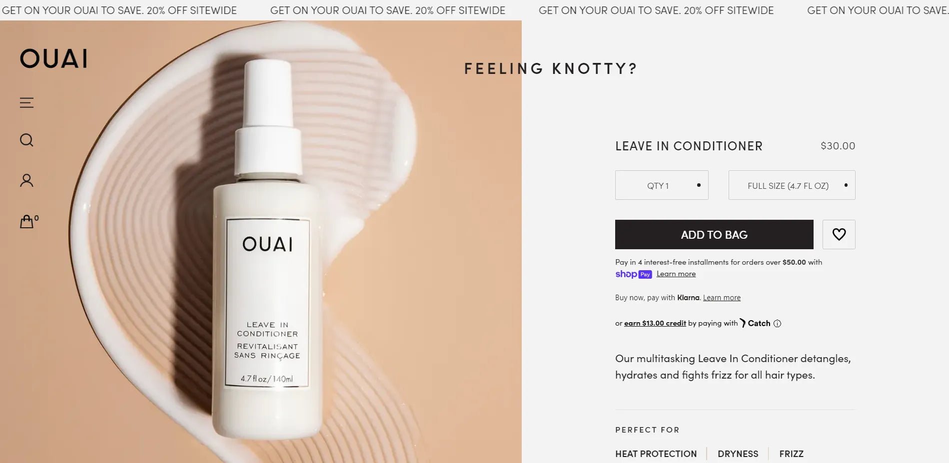 Captura de pantalla de la página del producto de OUAI.