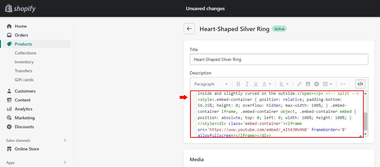 Screenshot of embed code pasted into product description