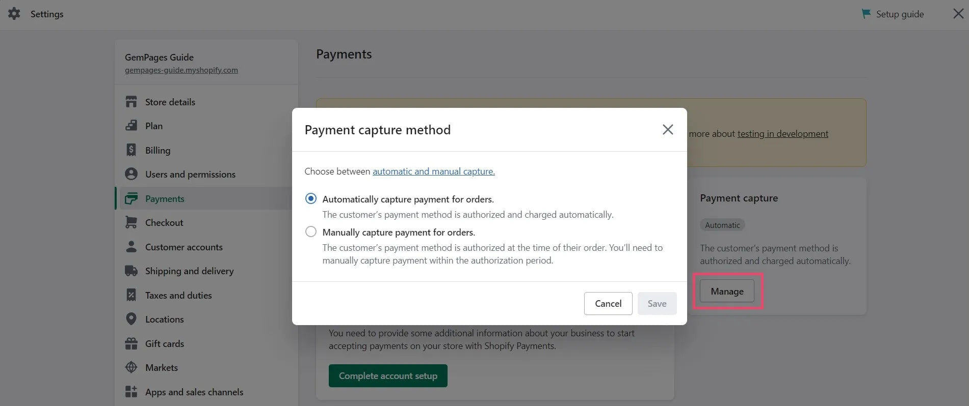 Payment capture setting in Shopify admin