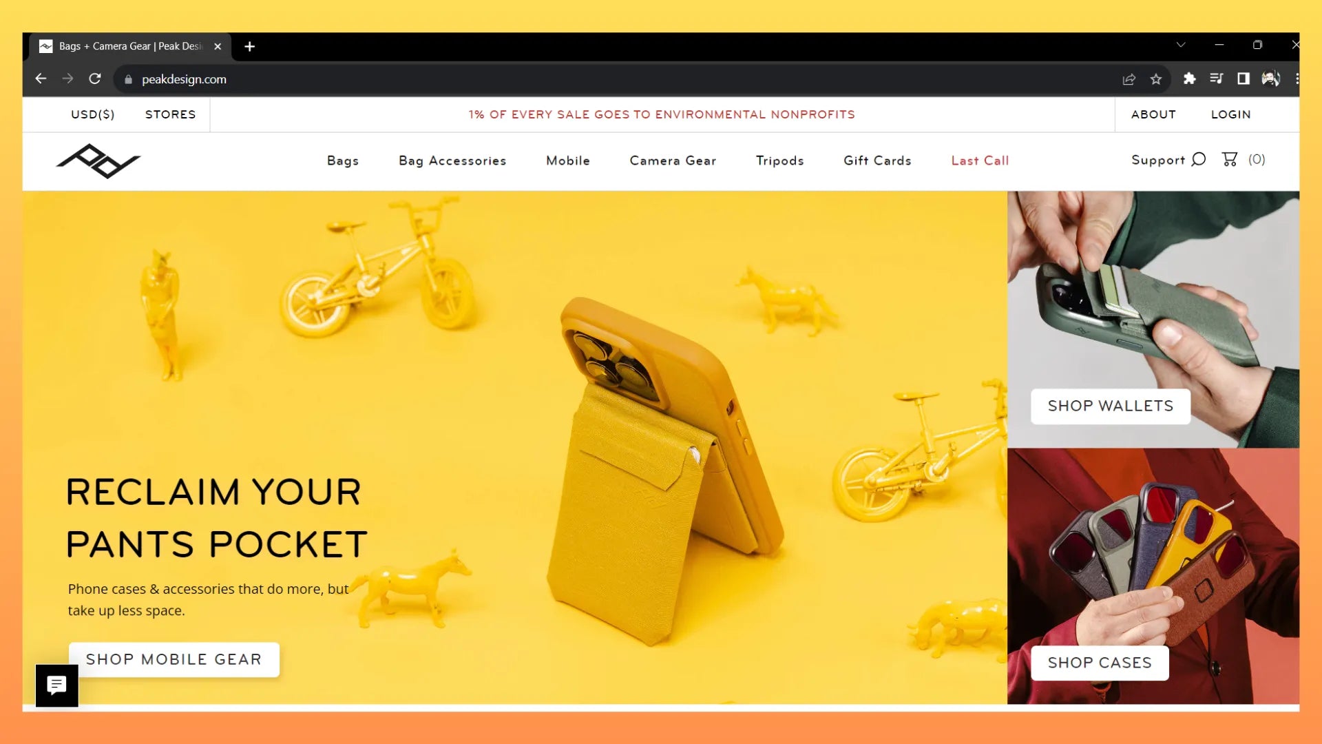 Above-the-fold section of Peak Design’s website