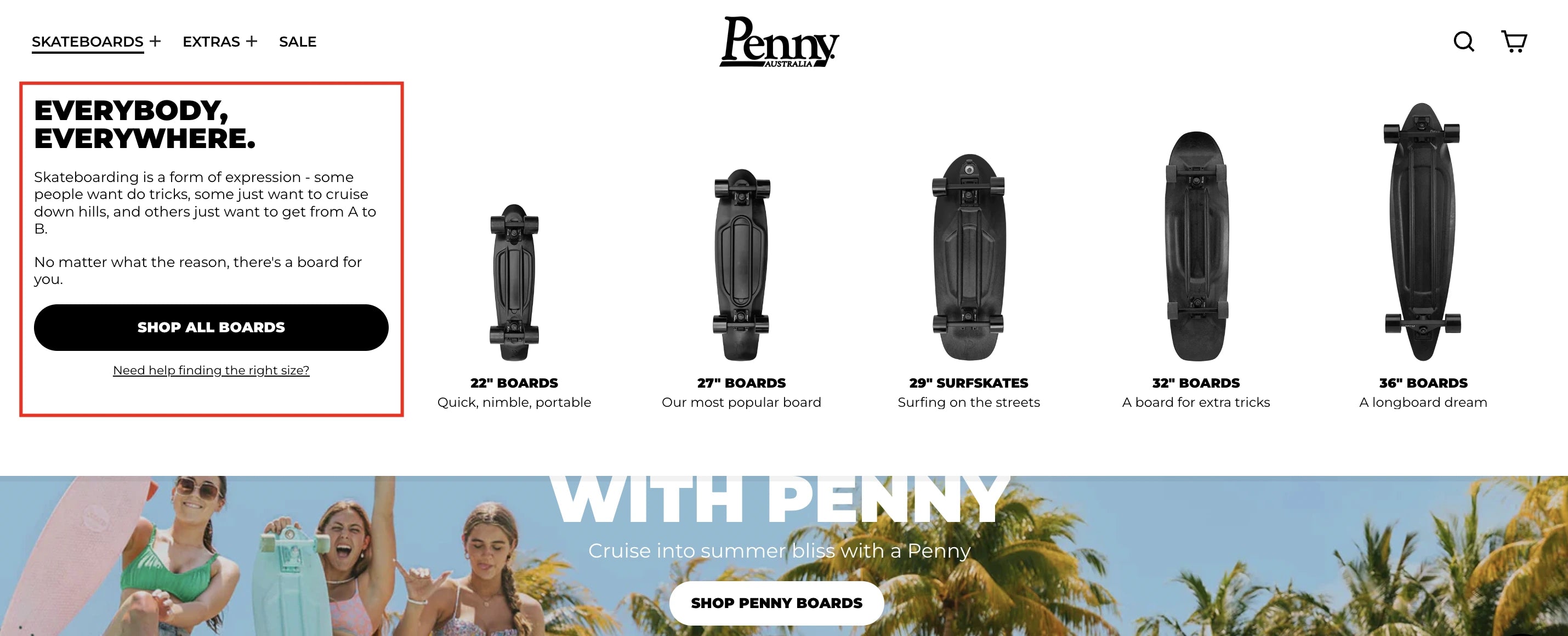 A screenshot of all-products description on Pennyskateboards’ homepage.