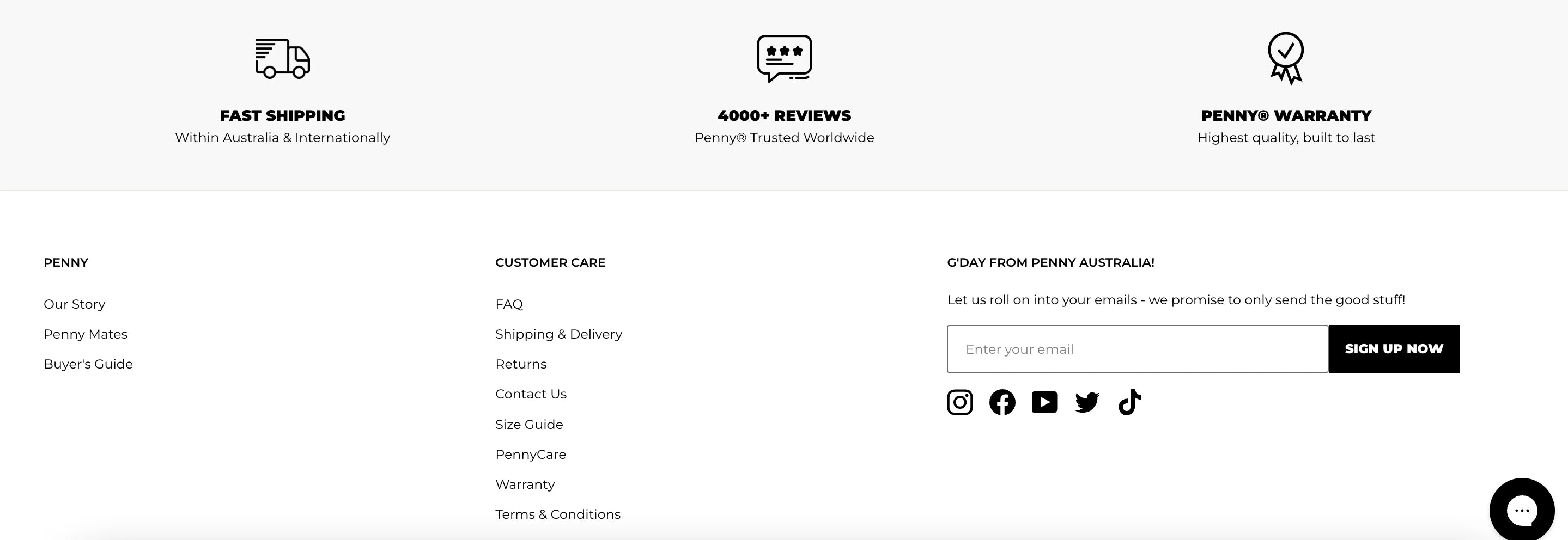 A screenshot of footer section on Pennyskateboards’ homepage