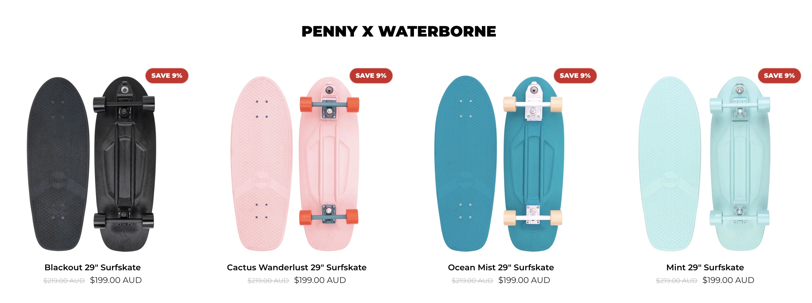 A screenshot of a product listing section on Pennyskateboards’ homepage.