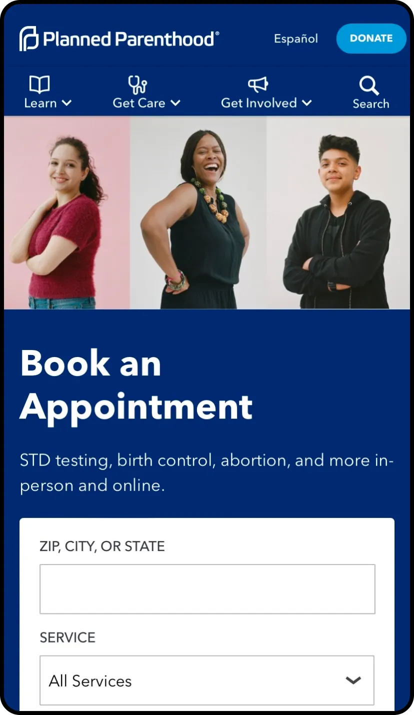 Screenshot of Planned Parenthood’s mobile website.