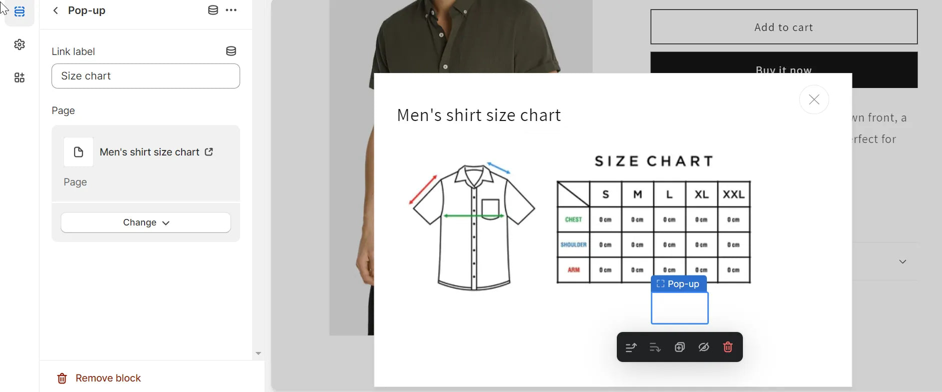 Screenshot of adding a size chart to product page template.
