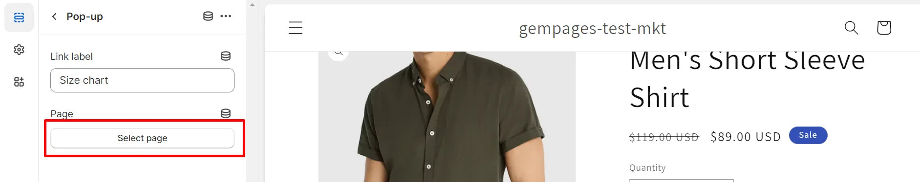 Screenshot of adding a size chart to product page template.