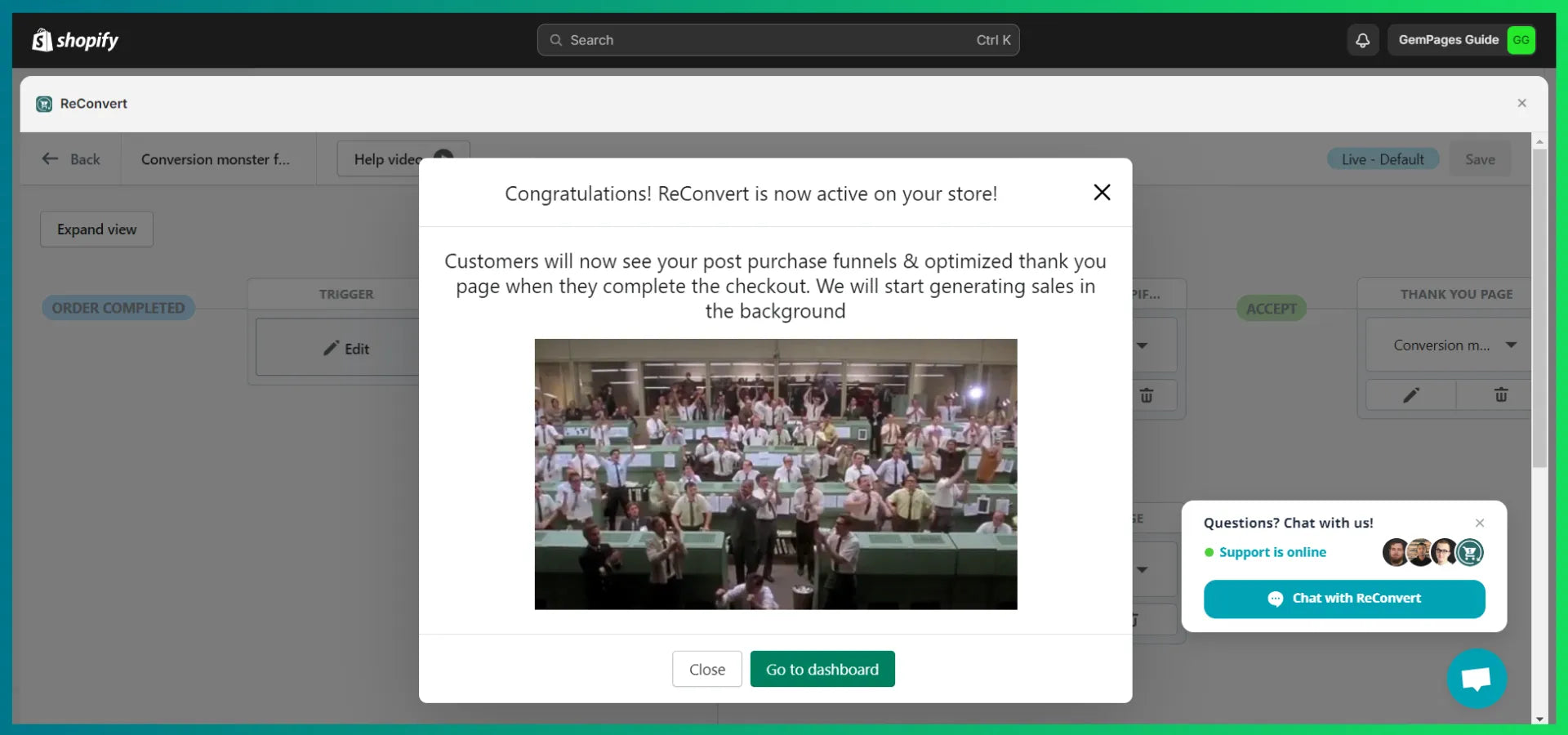 Success message of published post-purchase funnel