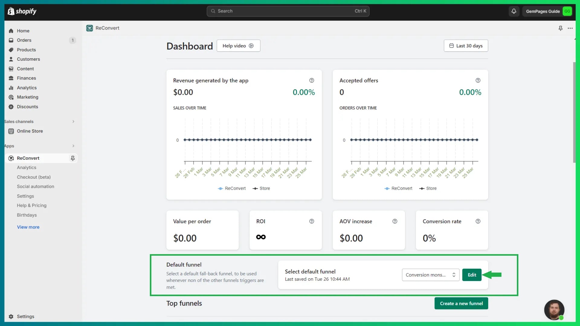 Funnel edit settings on the ReConvert dashboard