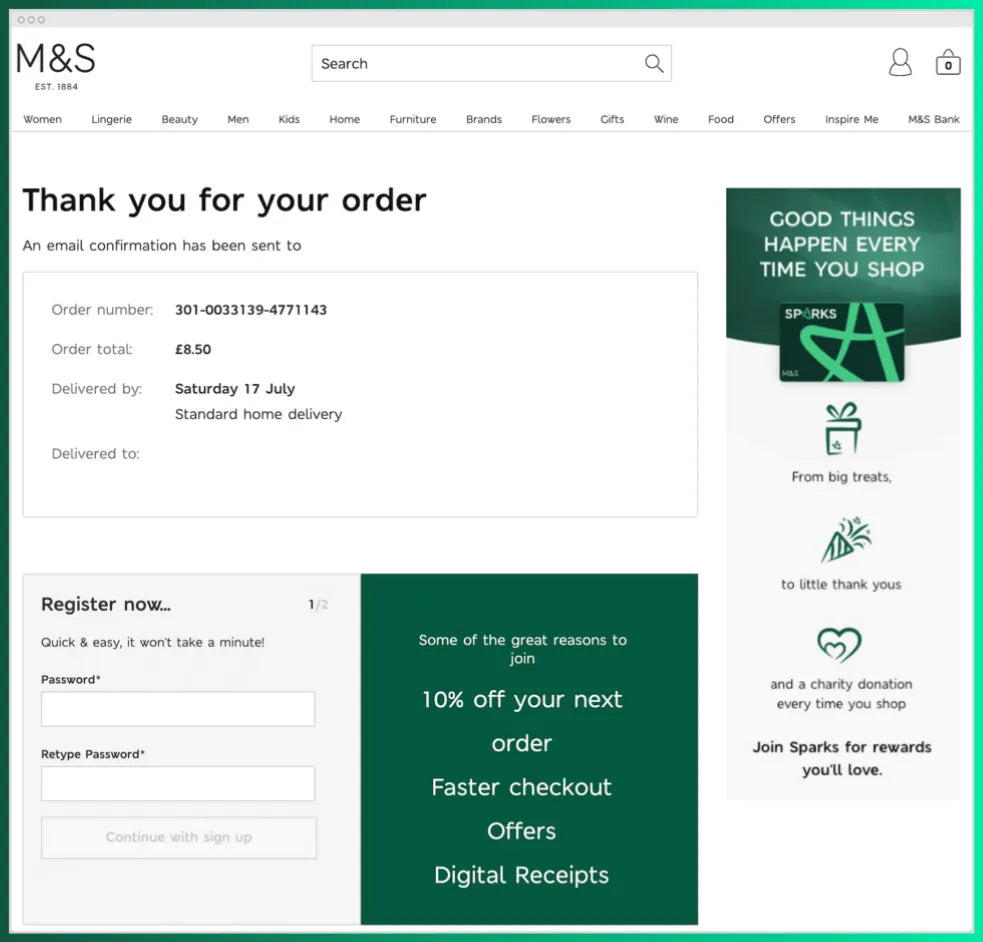 Order confirmation page of Marks & Spencer