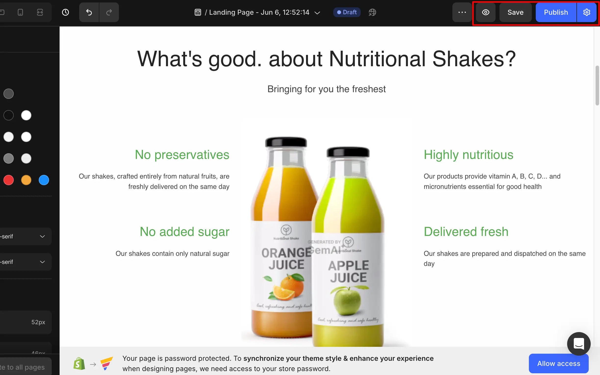 preview and save or publish website design