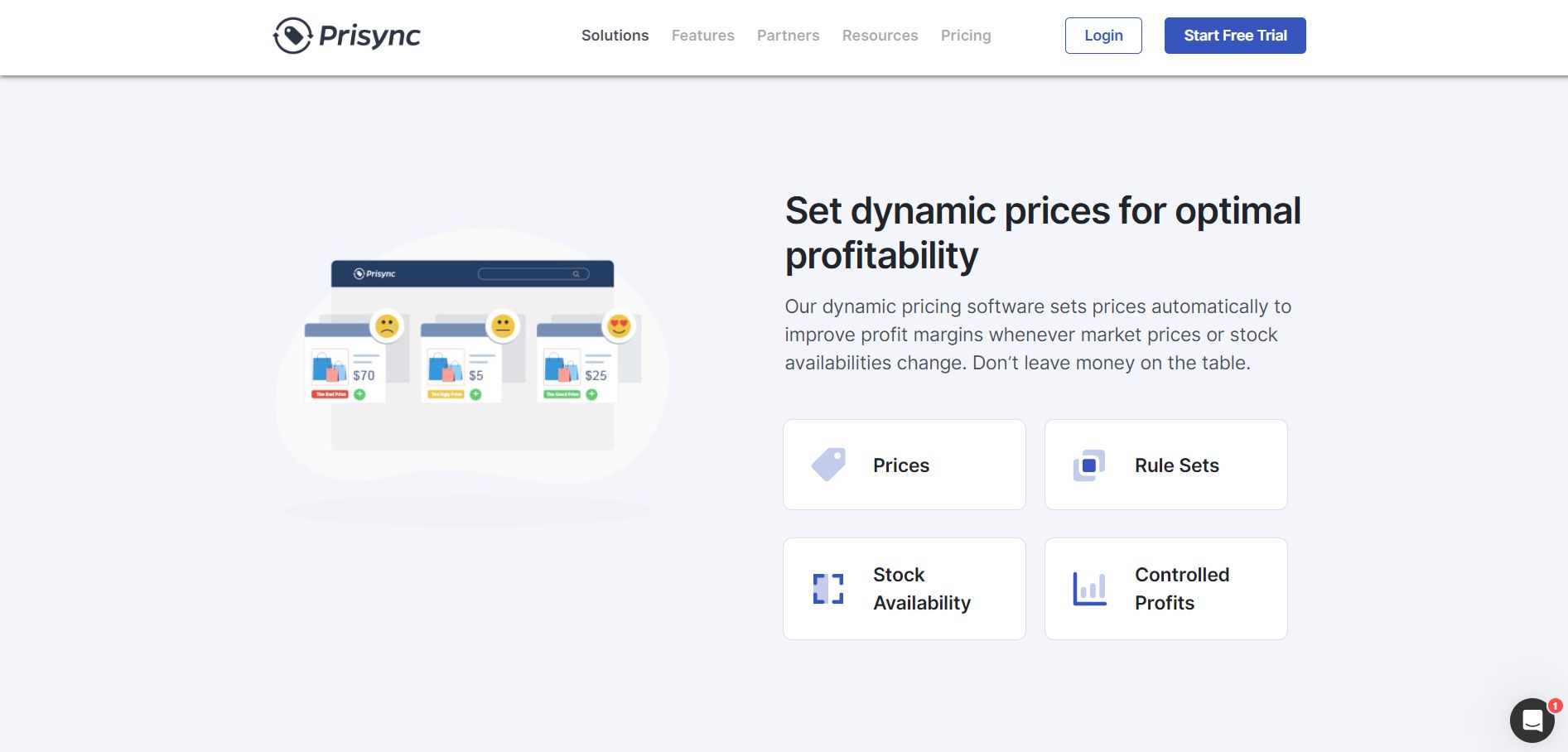 Prisync’s product page for dynamic pricing solution