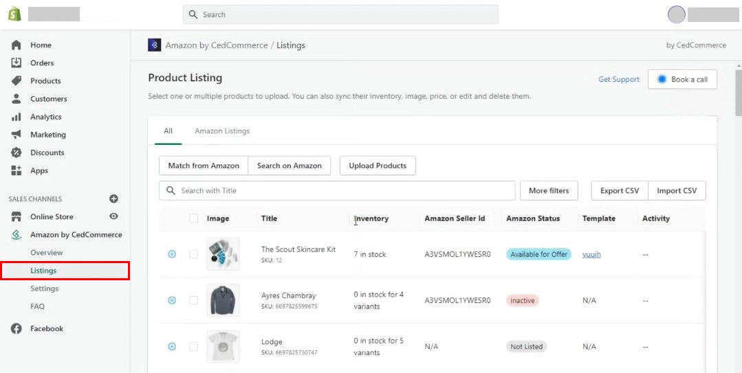 Listings tab to manage your product listings