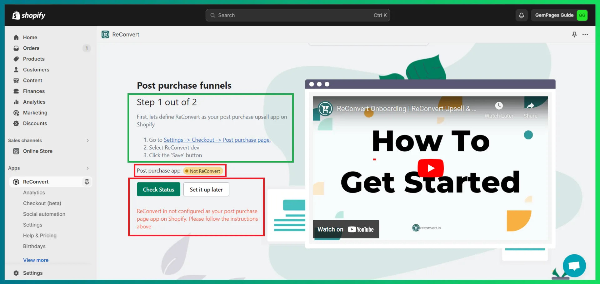Configuration of ReConvert app inside Shopify admin