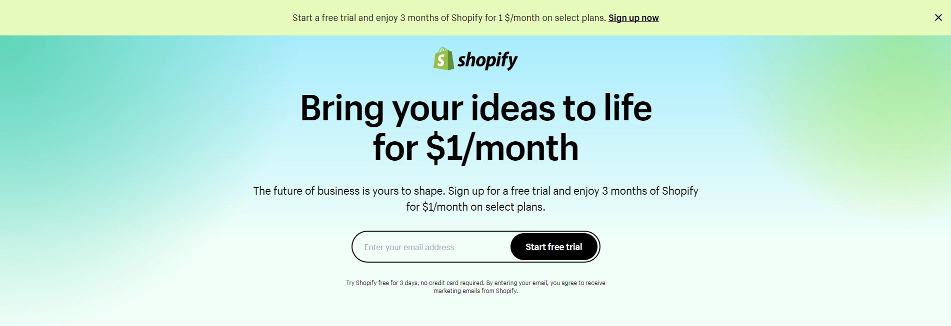Shopify sign-up page