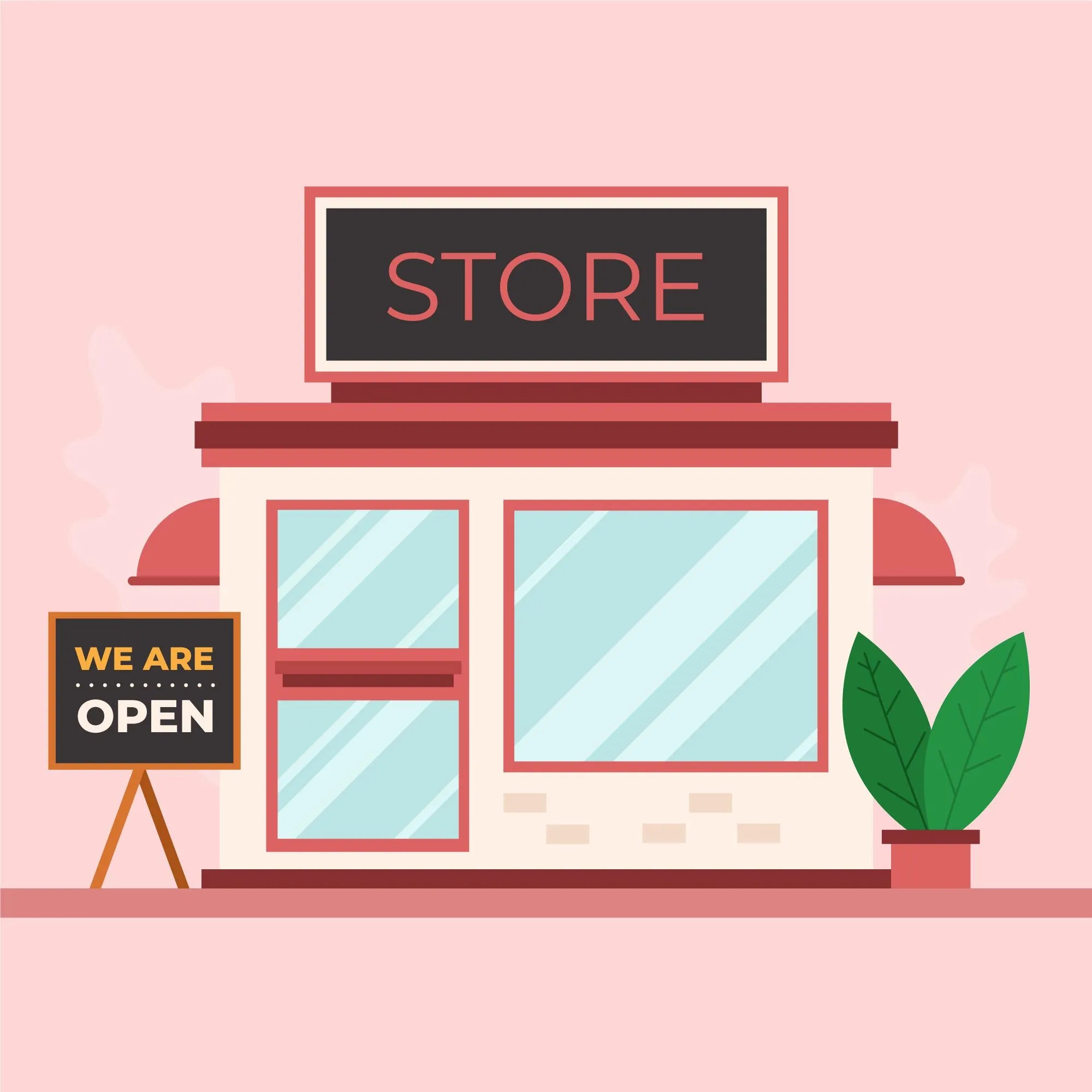 An illustration of a retail storefront design with a ‘We Are Open’ sign and a plant in the front.