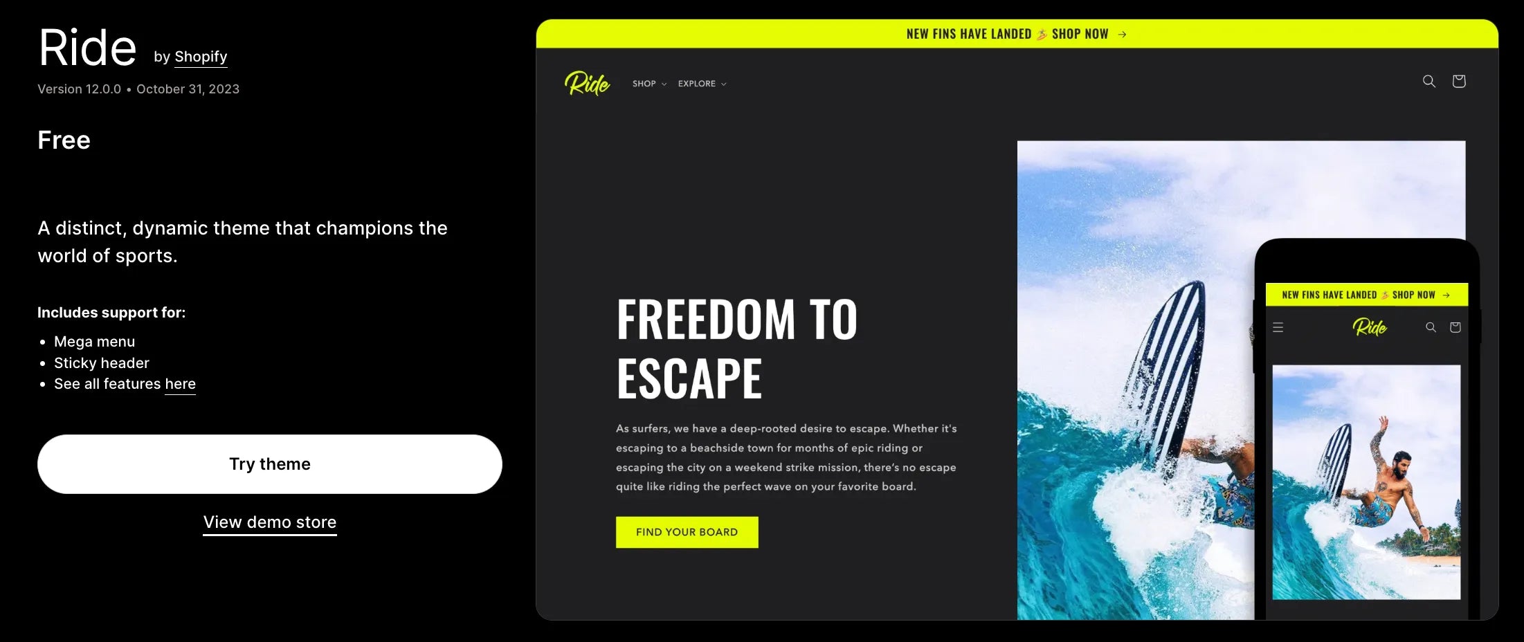 A screenshot of Ride a free Shopify blog theme.