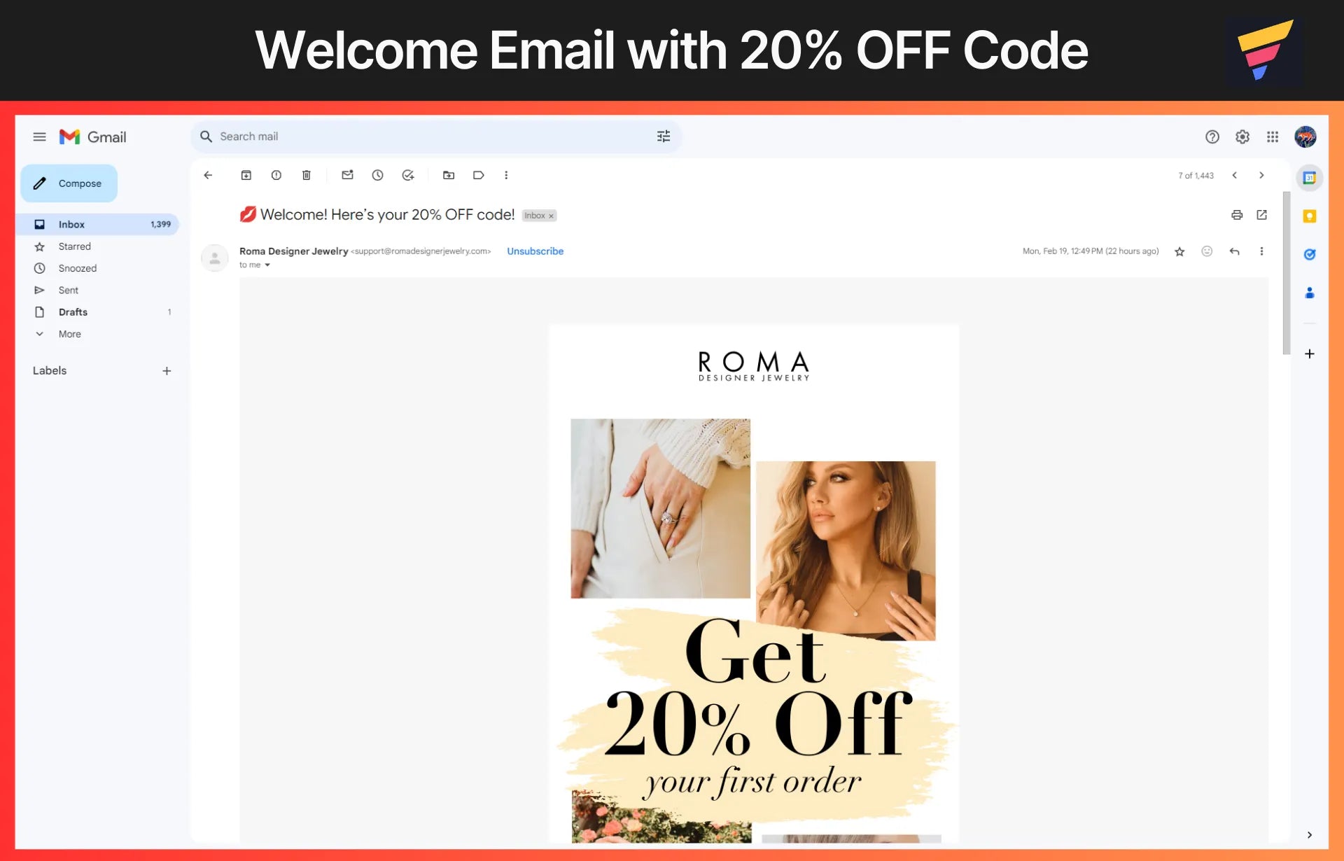 Roma’s welcome email with 20% off code