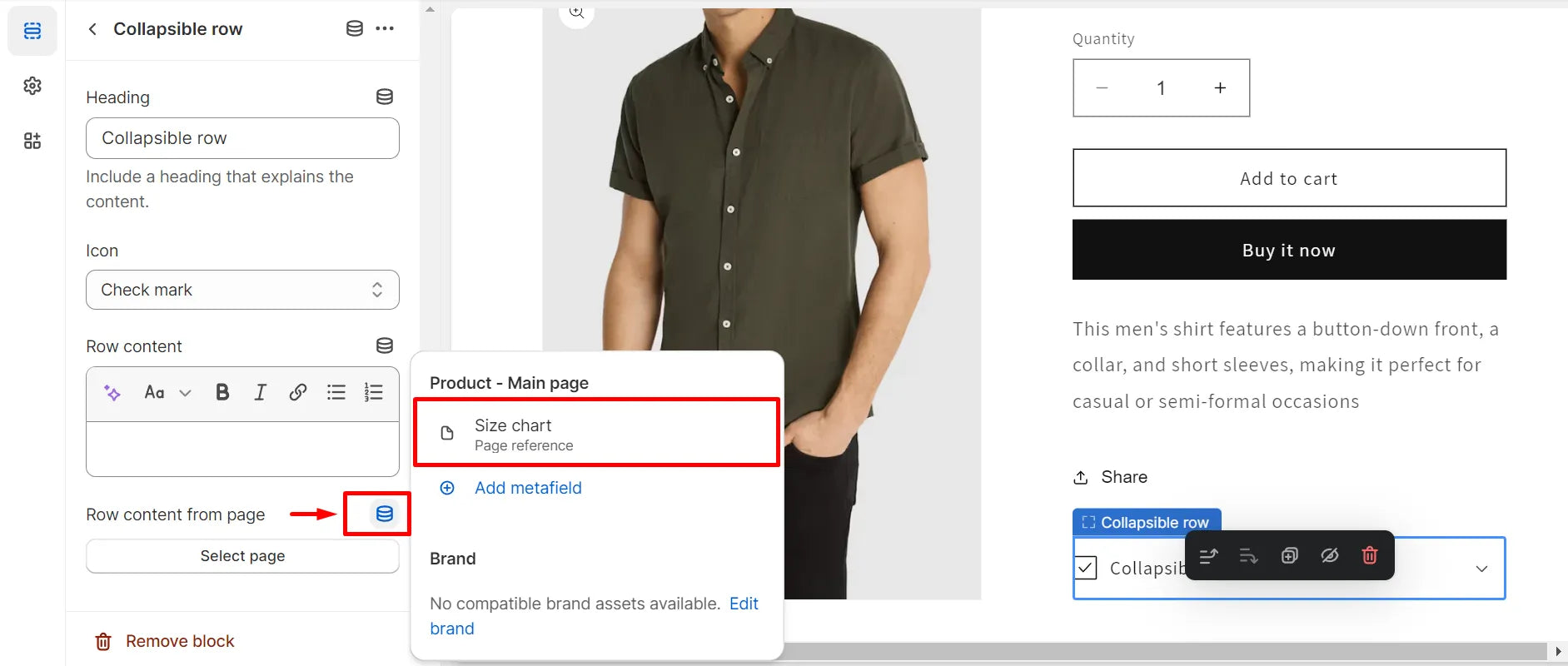 Screenshot of adding a size chart to product page template.