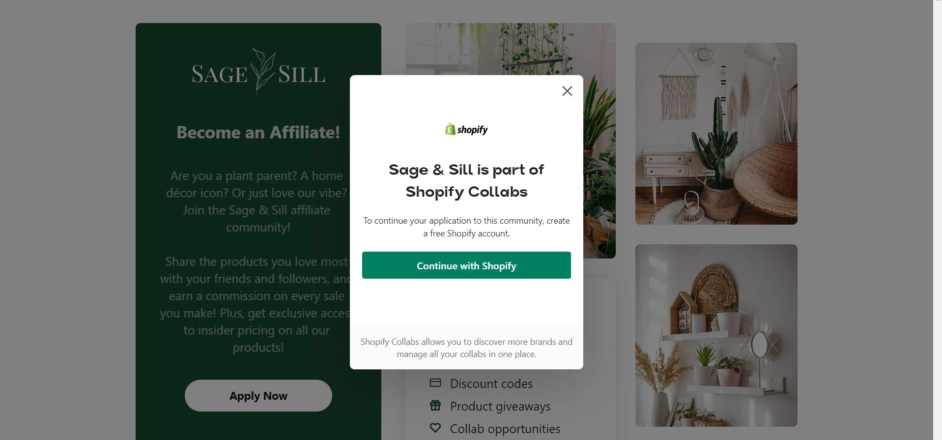 Sage & Sill's webpage for Shopify Collabs