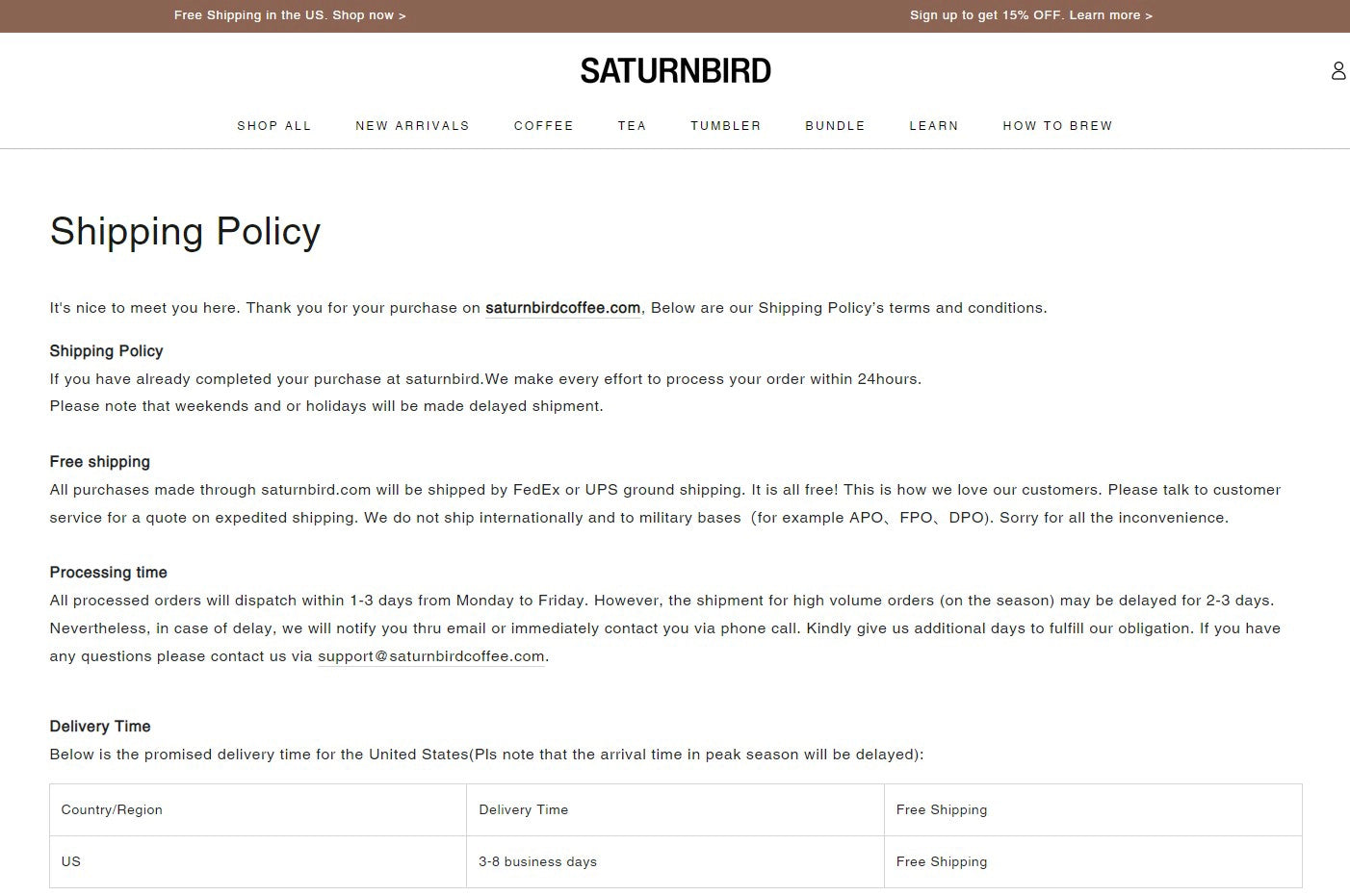 Saturnbird’s Shipping Policy page