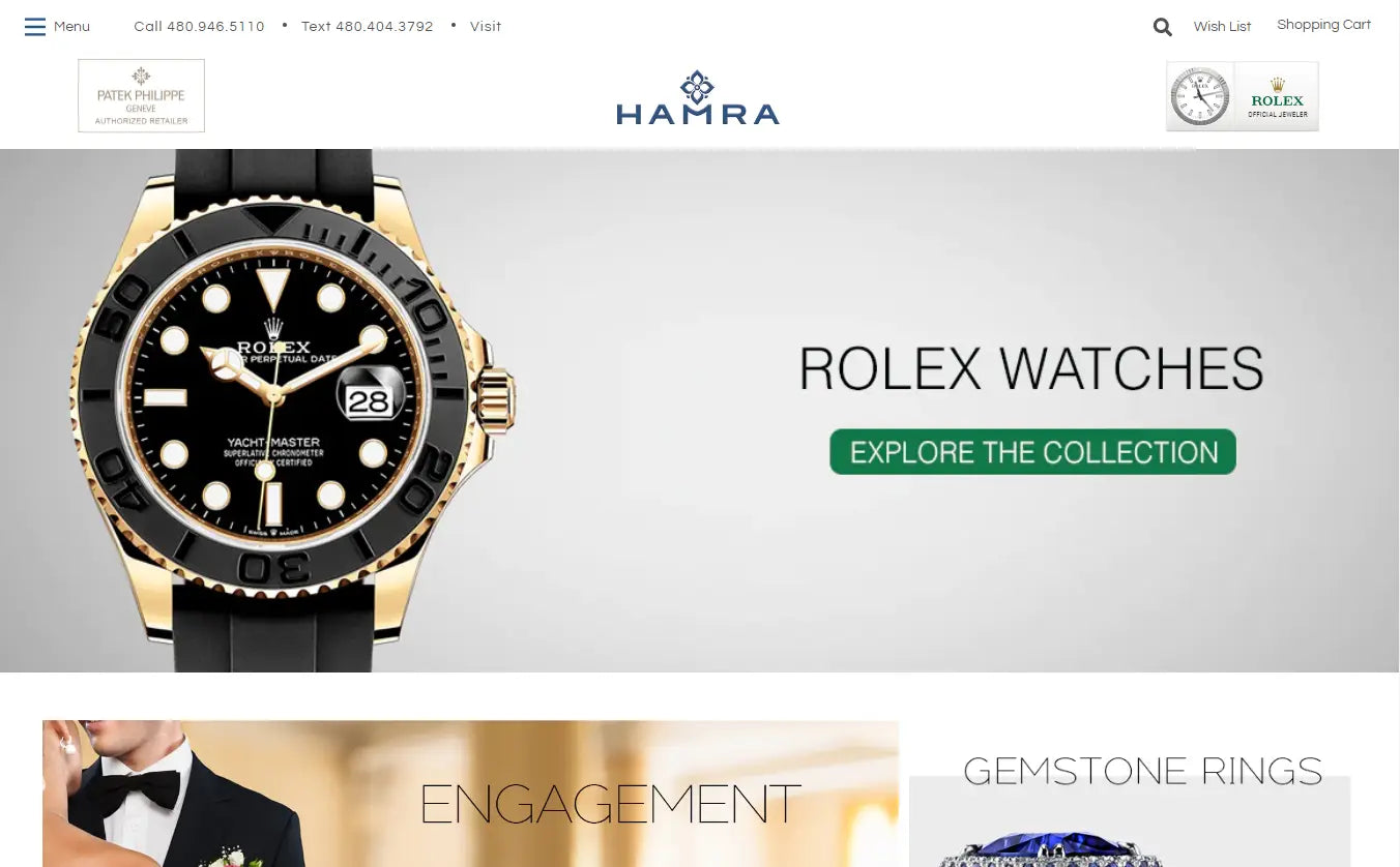 The homepage of Hamra Jewelers with a picture of a Rolex watch.