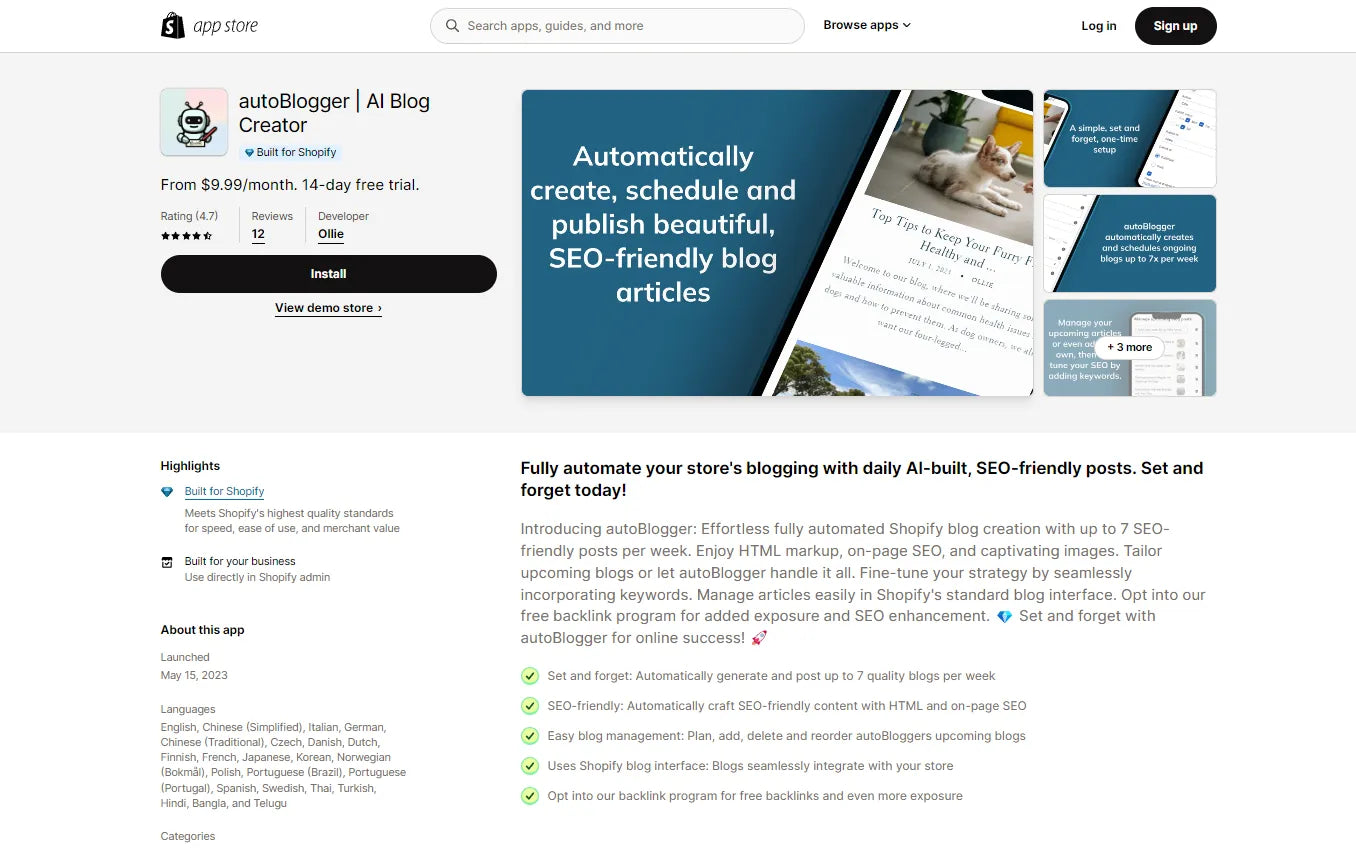 Screenshot of autoBlogger Shopify Blog Apps.
