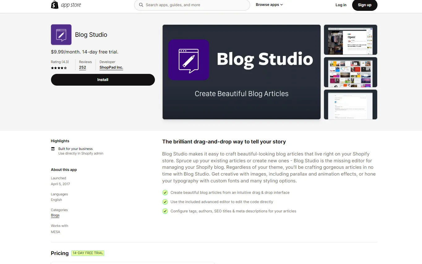 Screenshot of Blog Studio Shopify Blog Apps.