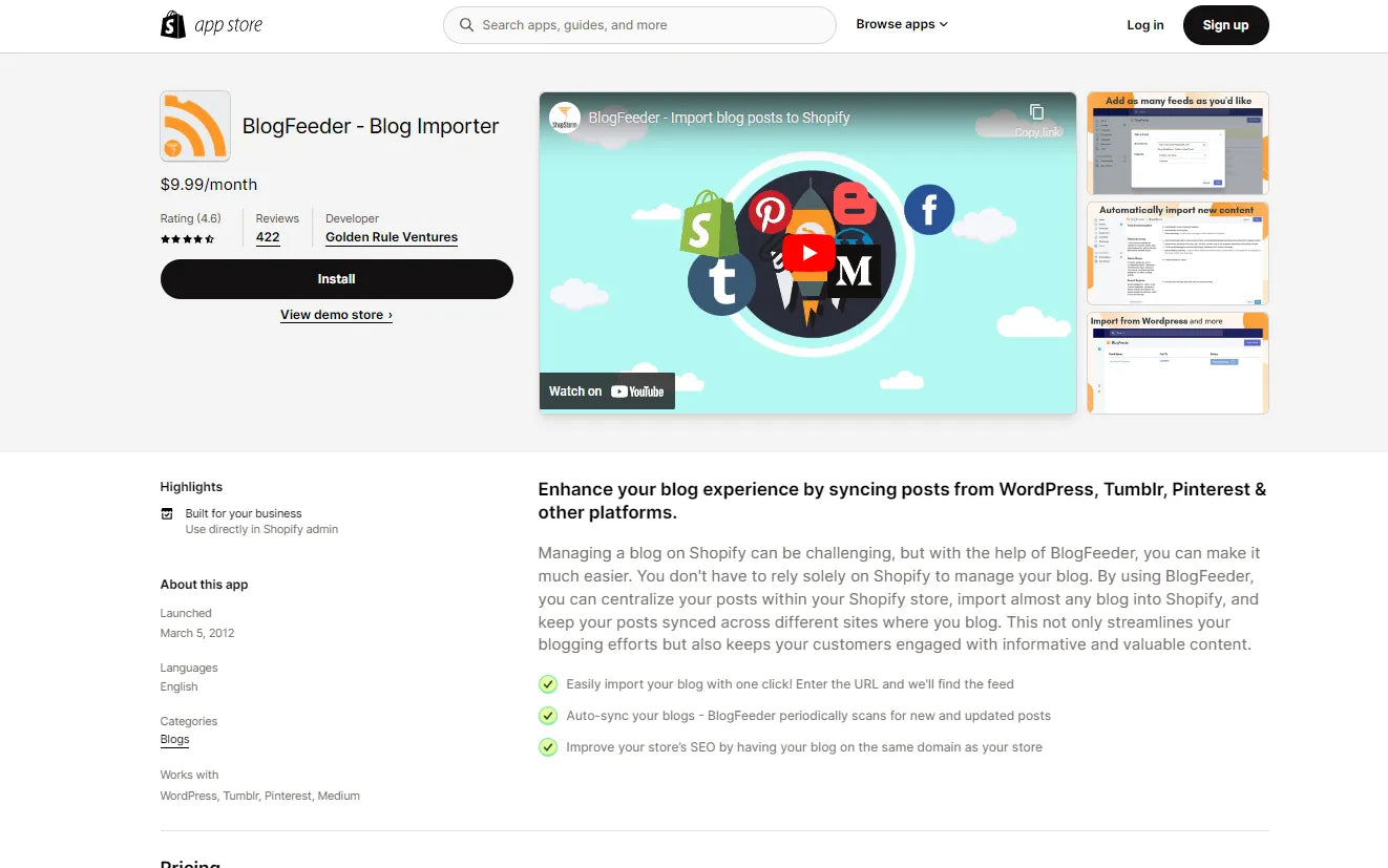 Screenshot of BlogFeeder Shopify Blog Apps.