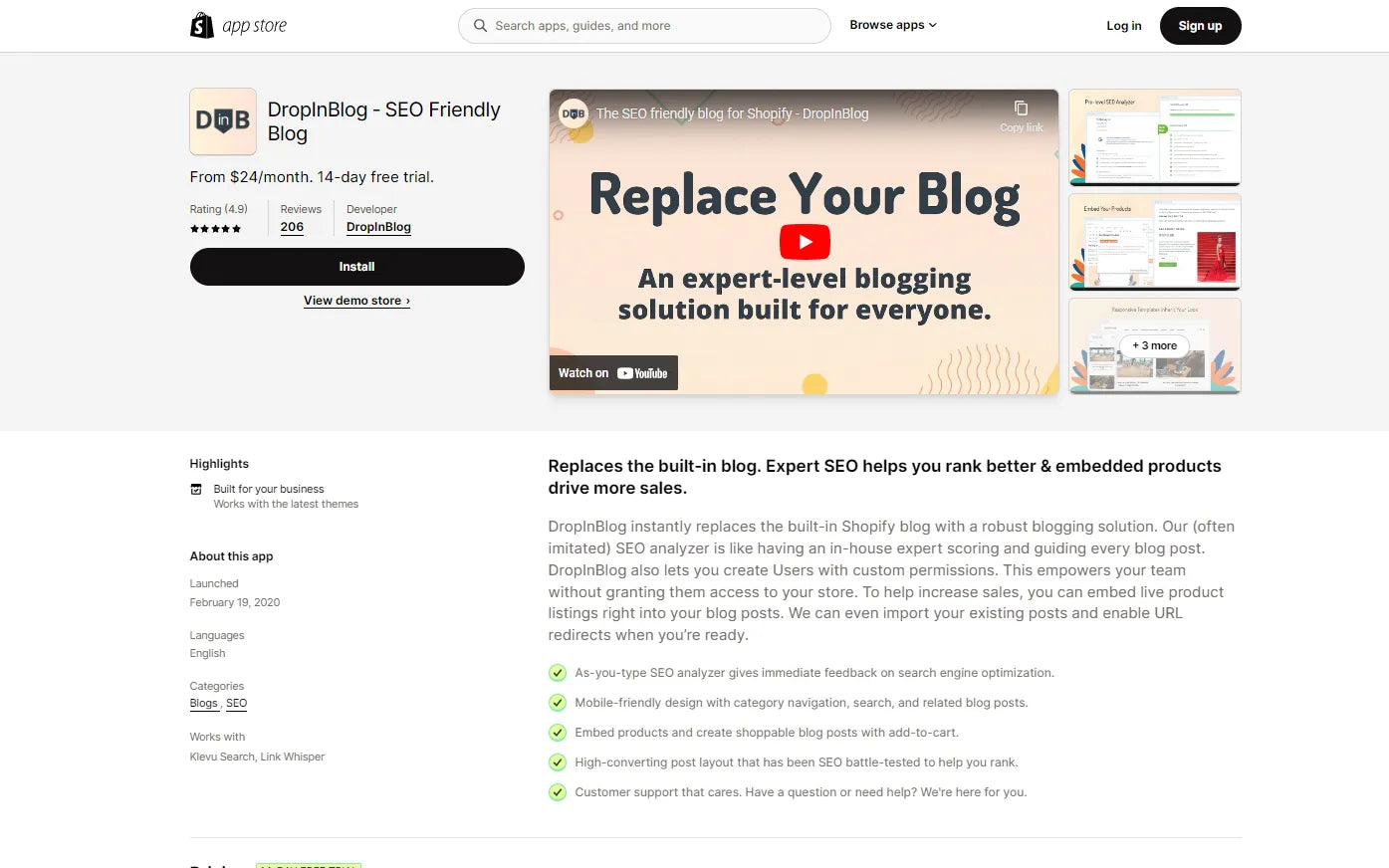 Screenshot of DropInBlog Shopify Blog Apps.