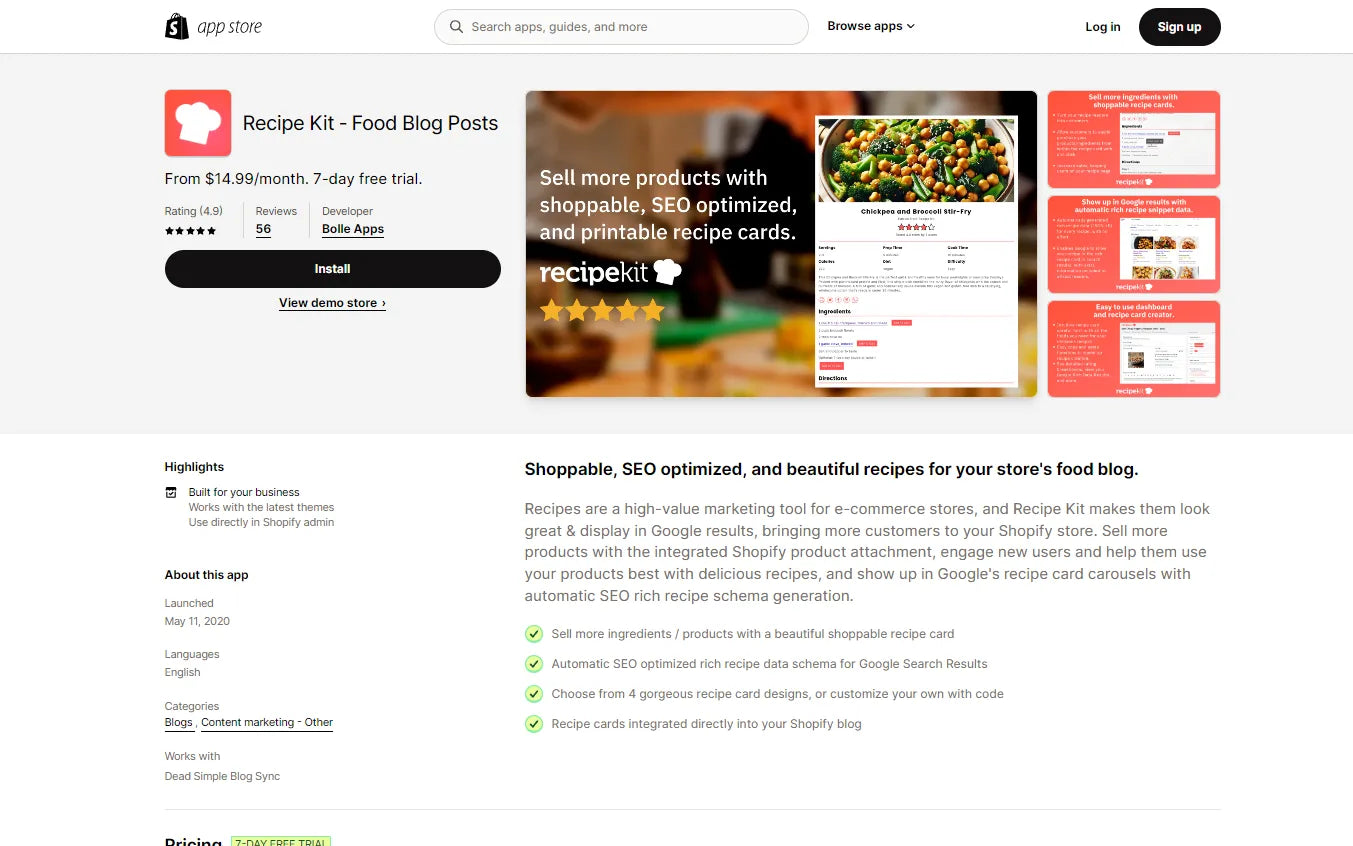 Screenshot of Recipe Kit Shopify Blog Apps.