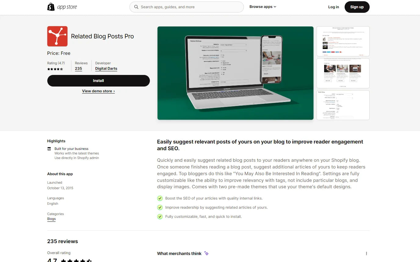 Screenshot of Related Blog Posts Pro Shopify Blog Apps.