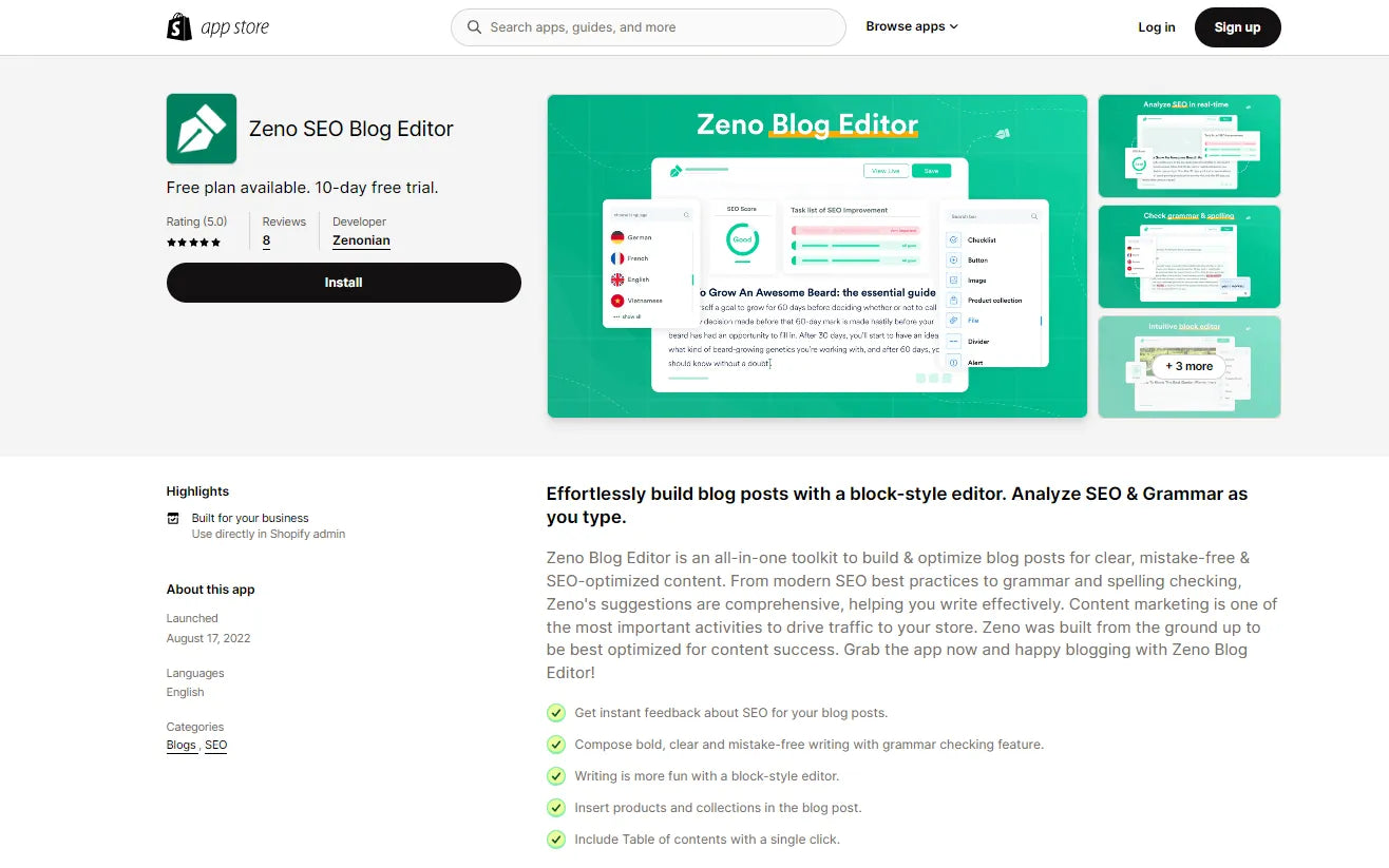 Screenshot of Zeno SEO Blog Editor Shopify Blog Apps.